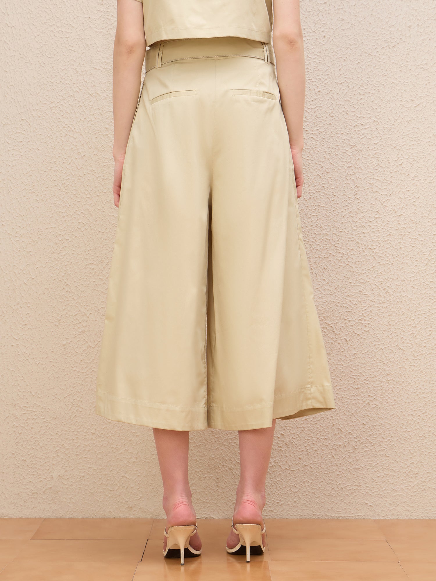 Iconic Women Cream Flared Fit Solid Trouser