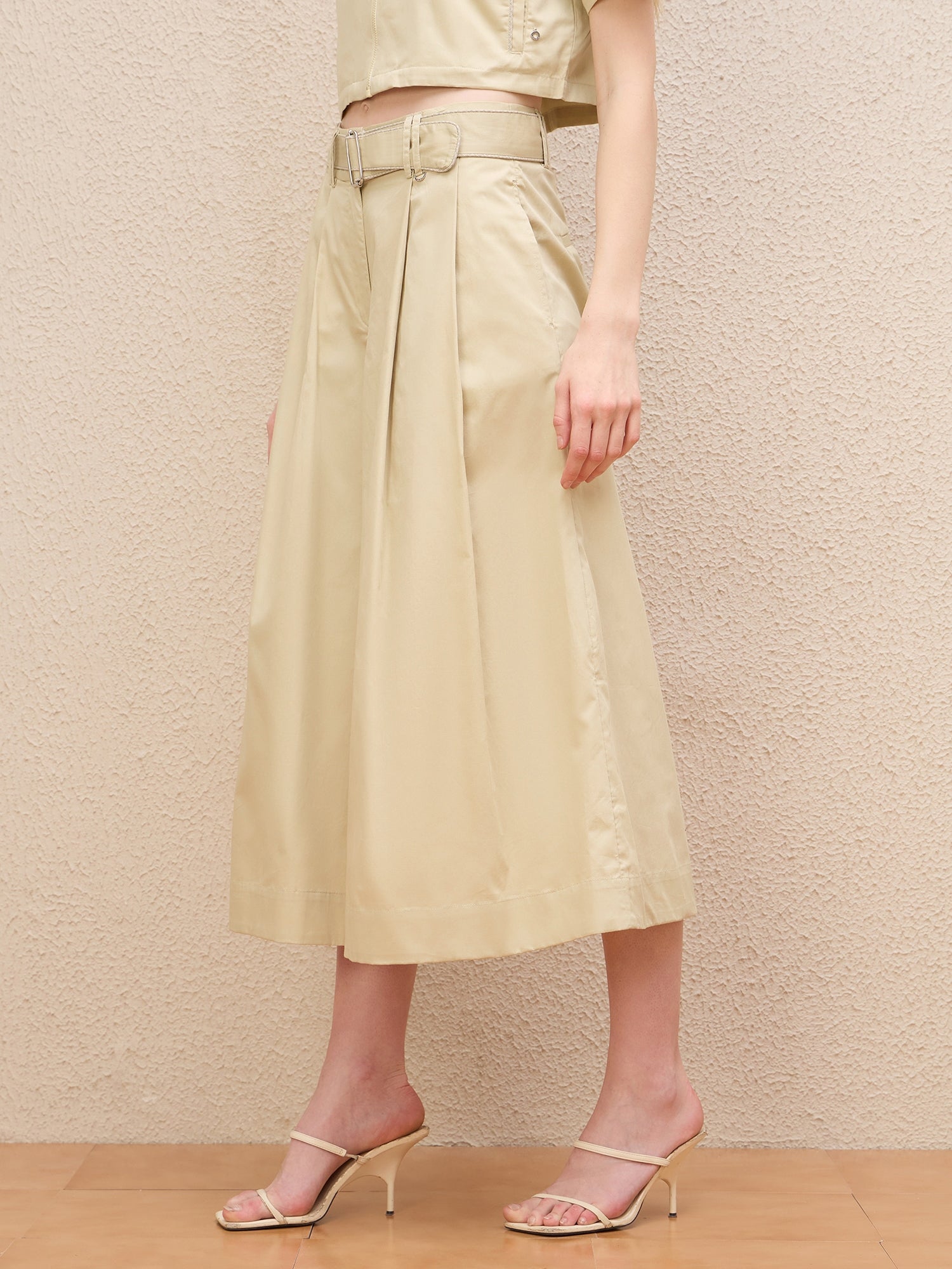 Iconic Women Cream Flared Fit Solid Trouser