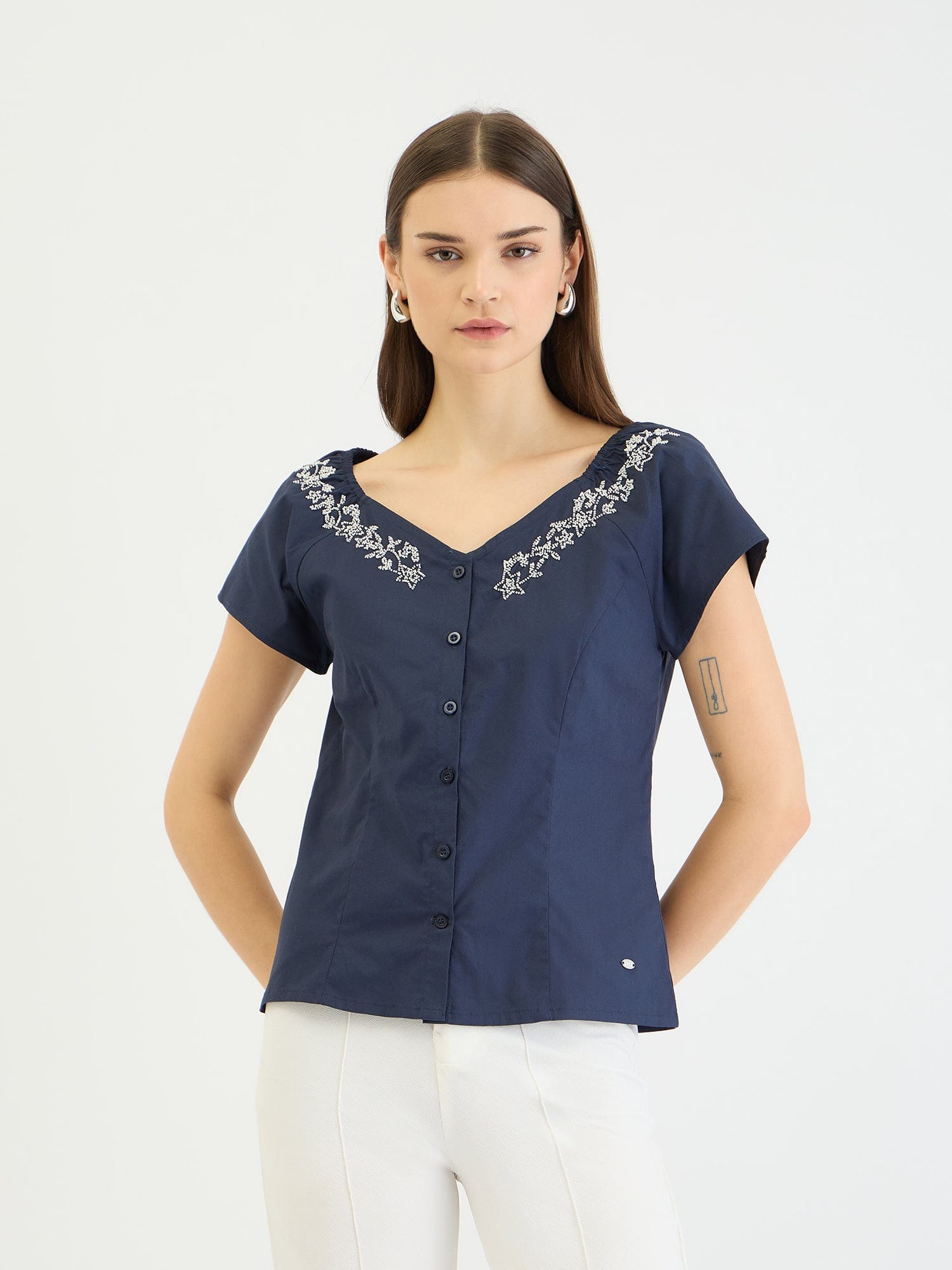 Elle Women Blue Embroidered Boat Neck Top