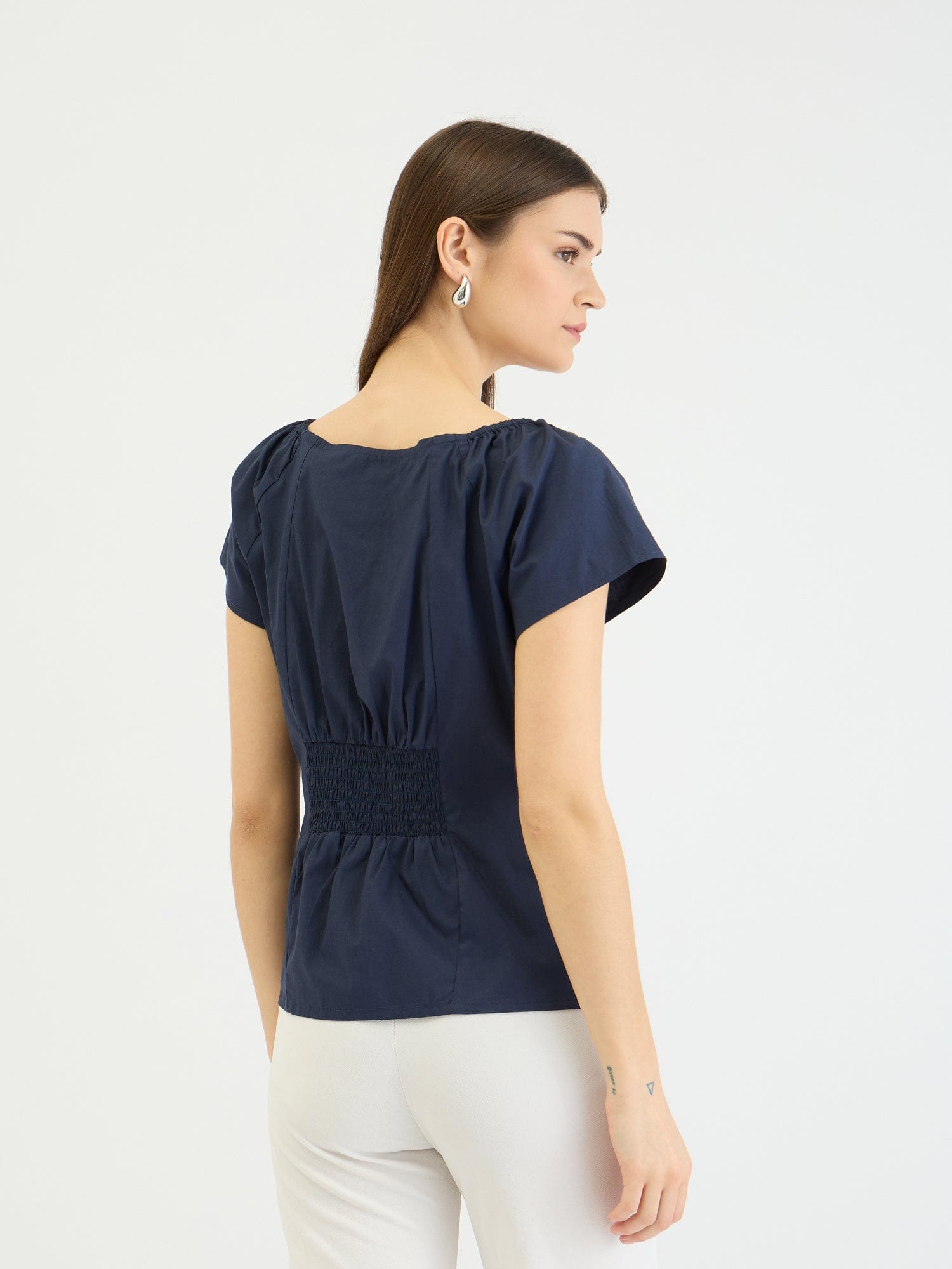 Elle Women Blue Embroidered Boat Neck Top