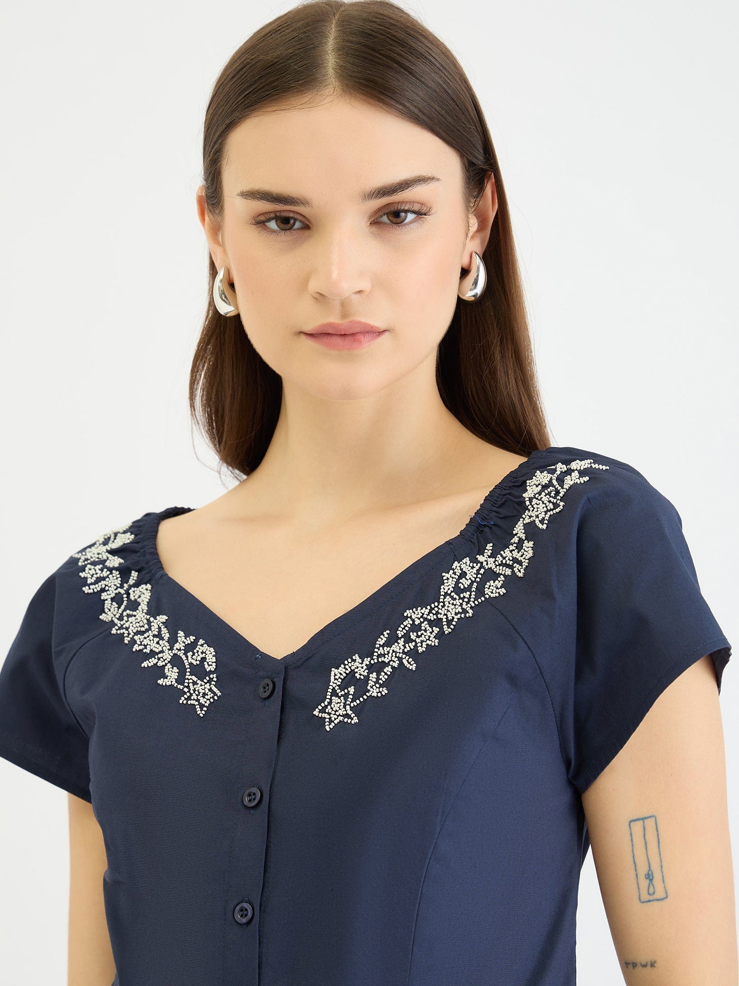 Elle Women Blue Embroidered Boat Neck Top