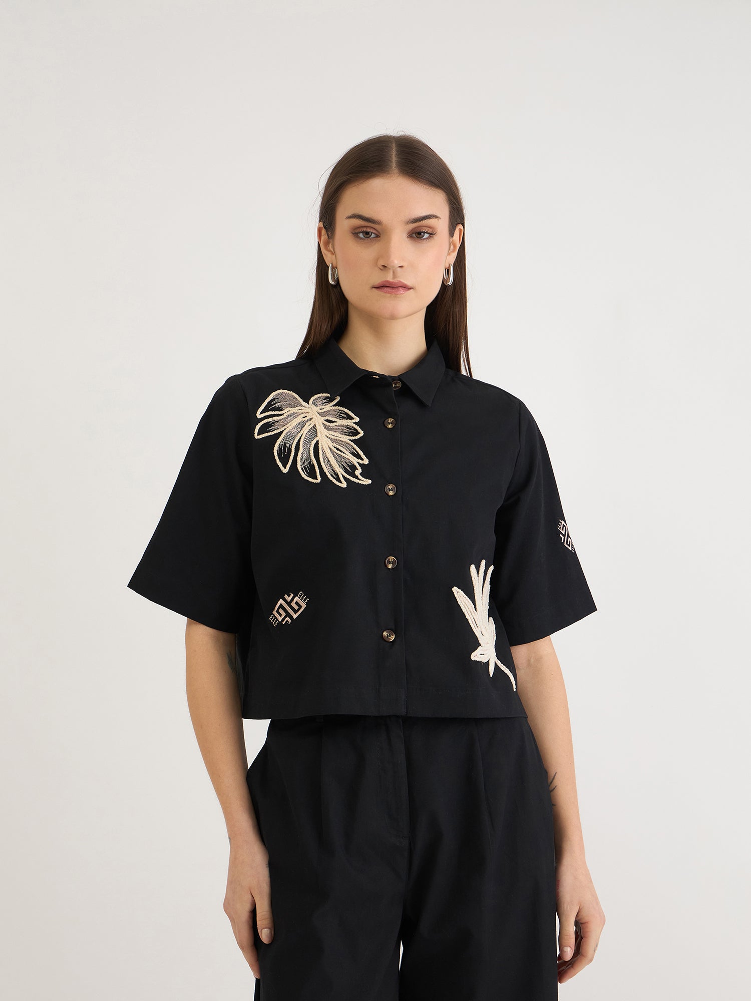 Elle Women Black Embroidered Collar Top