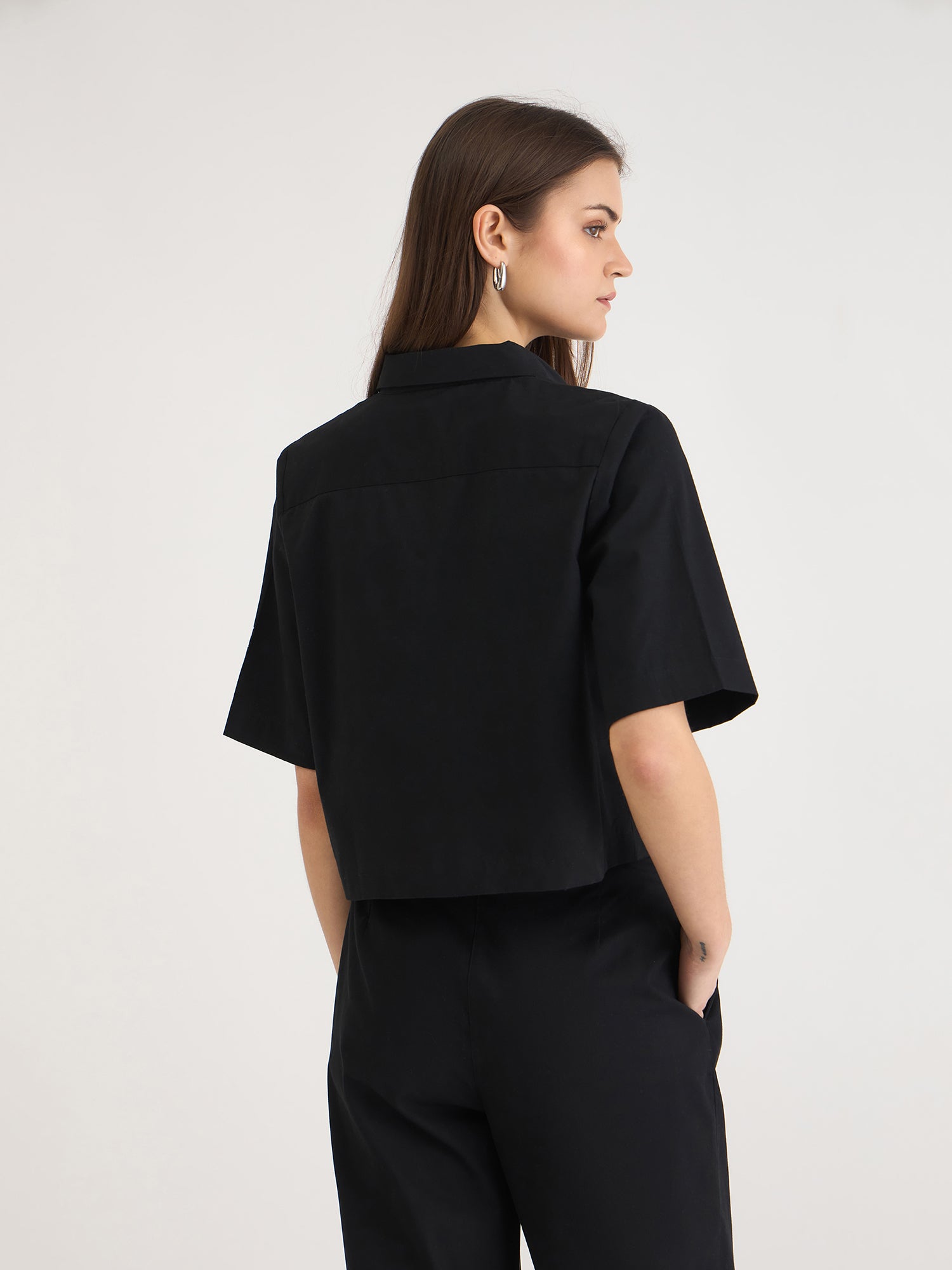 Elle Women Black Embroidered Collar Top