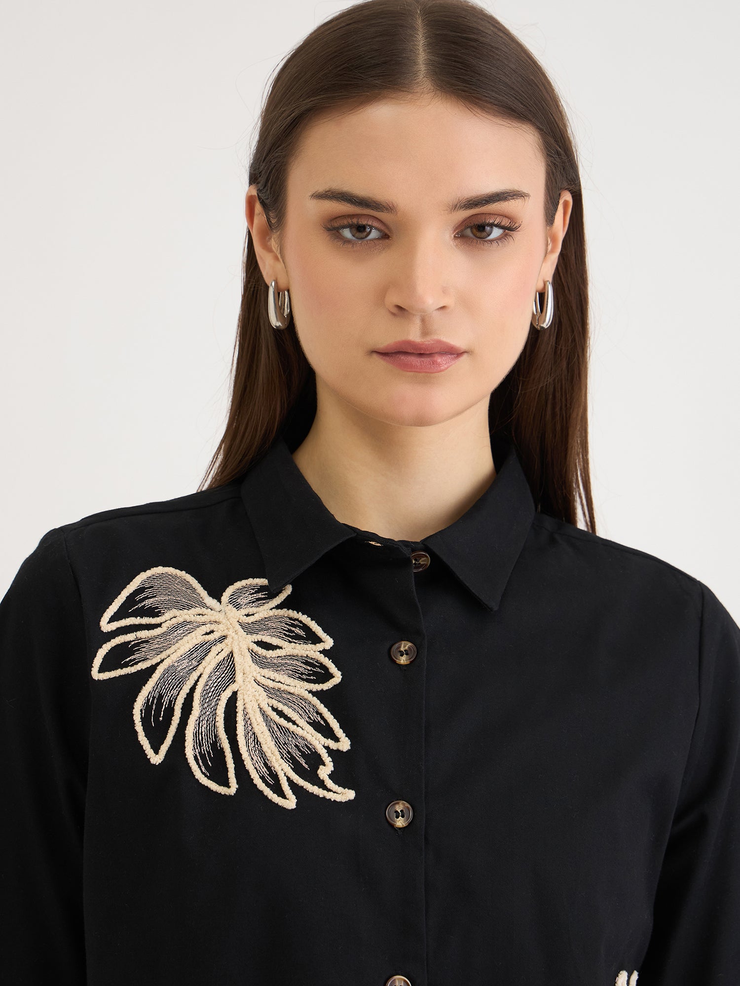 Elle Women Black Embroidered Collar Top