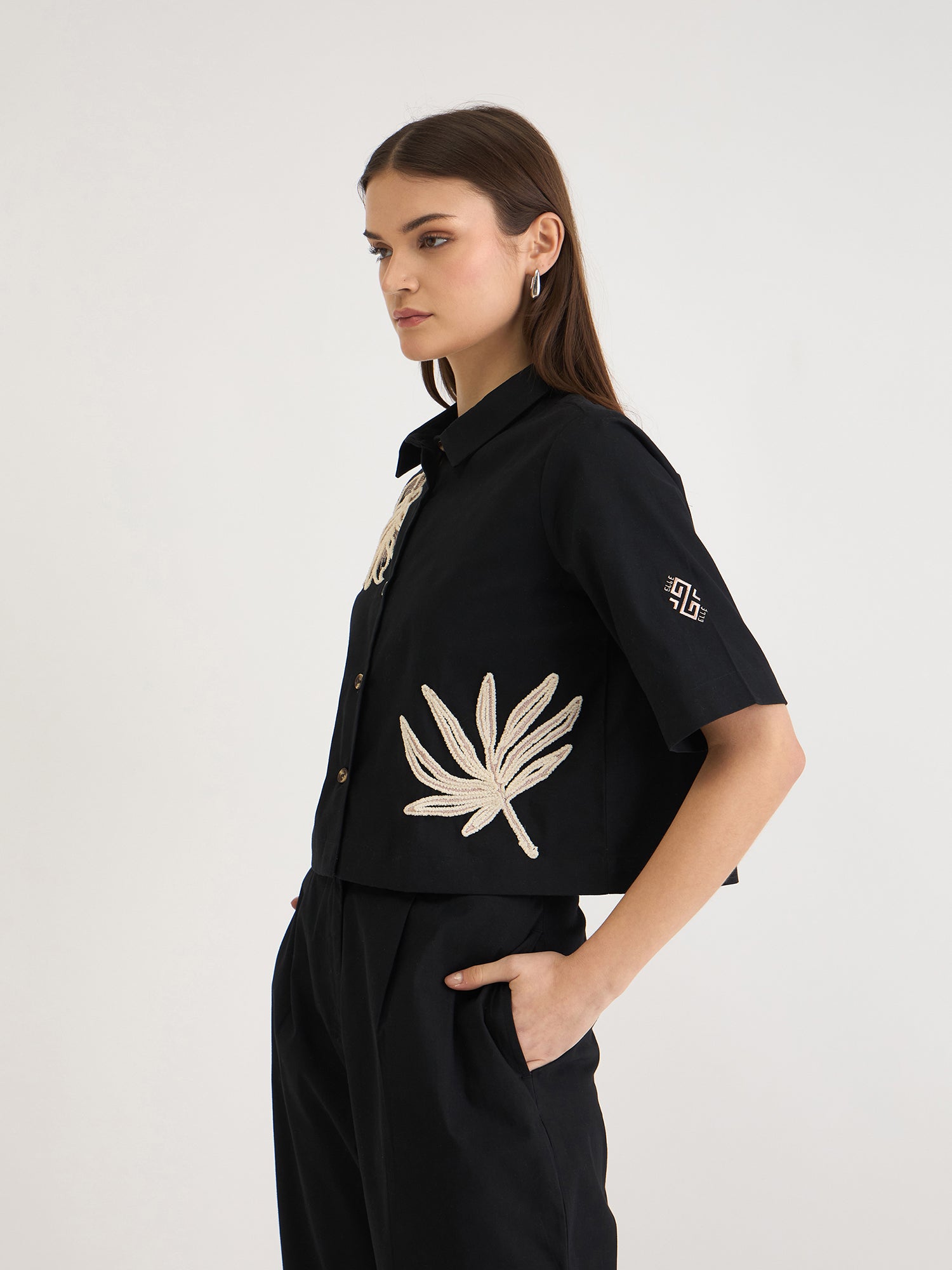 Elle Women Black Embroidered Collar Top