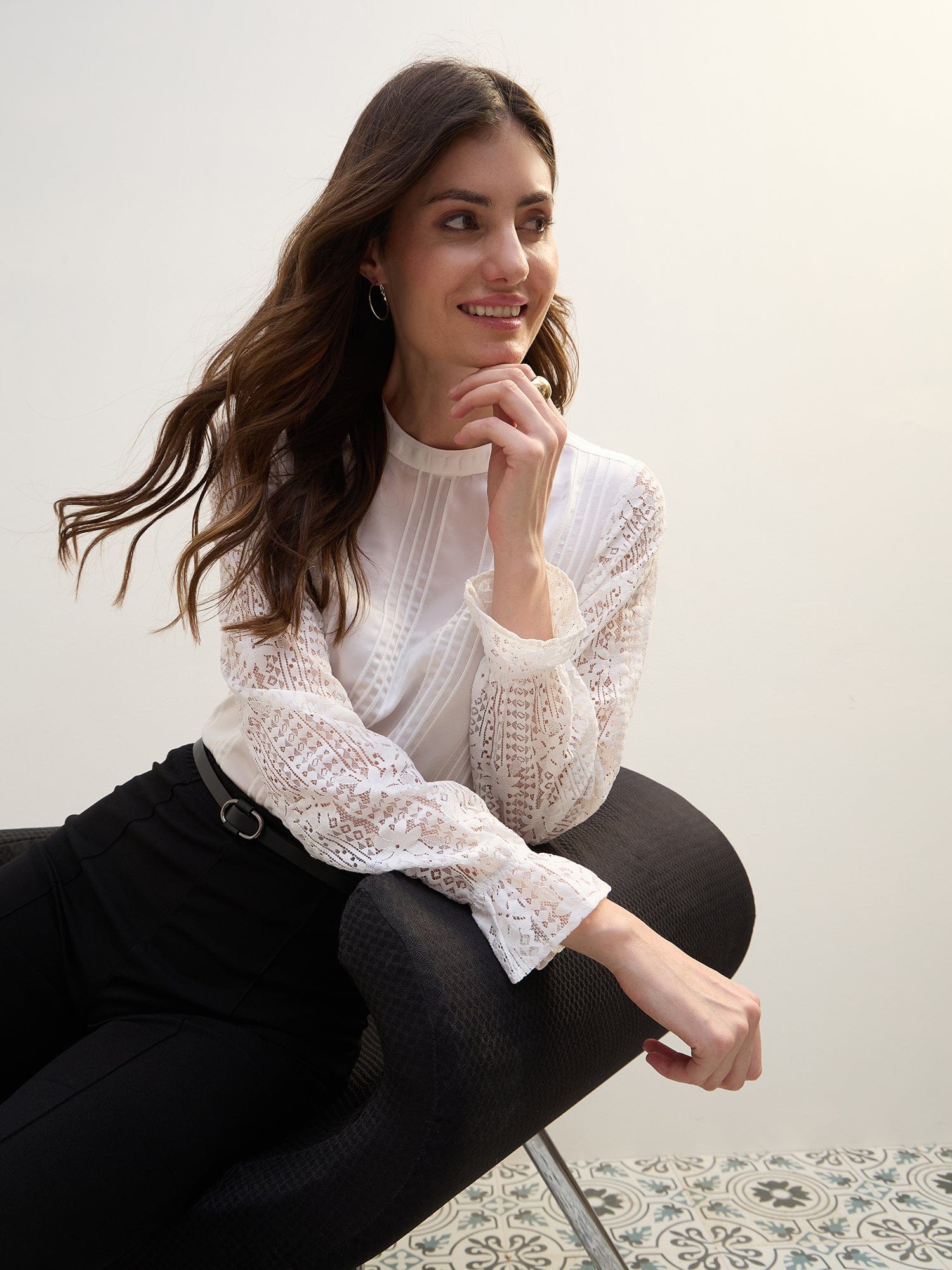 Iconic Women White Tucks & Lace Round Neck Top