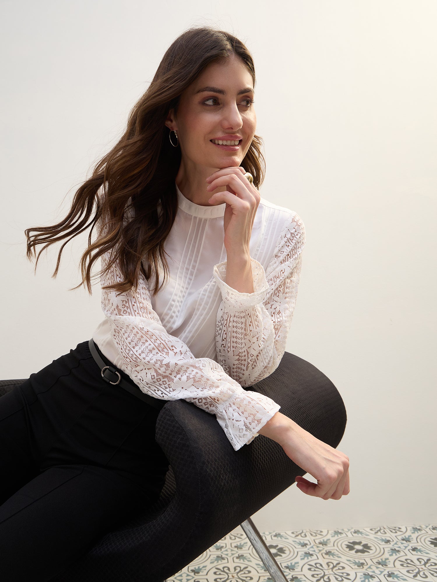 Iconic Women White Tucks & Lace Round Neck Top