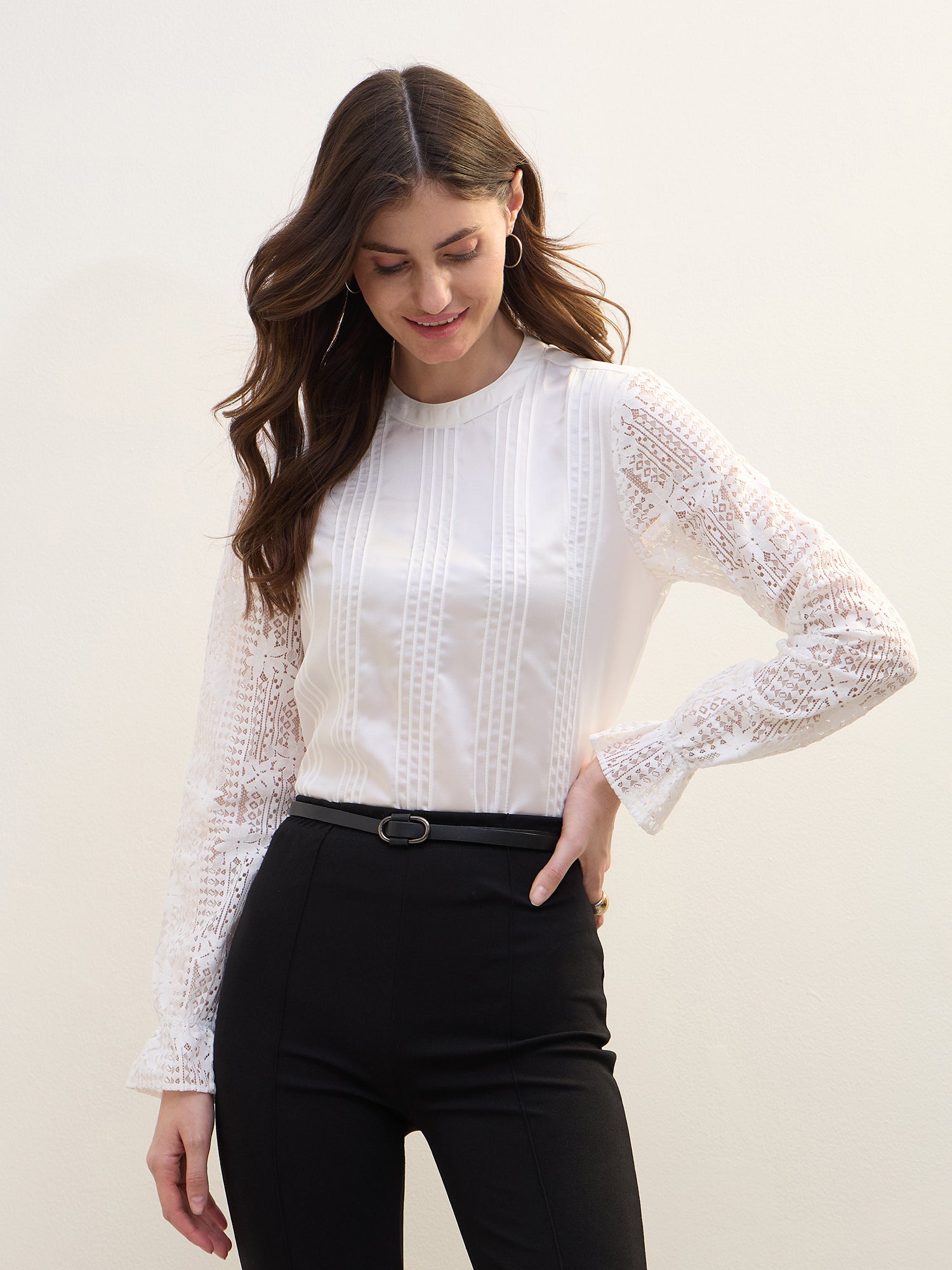 Iconic Women White Tucks & Lace Round Neck Top
