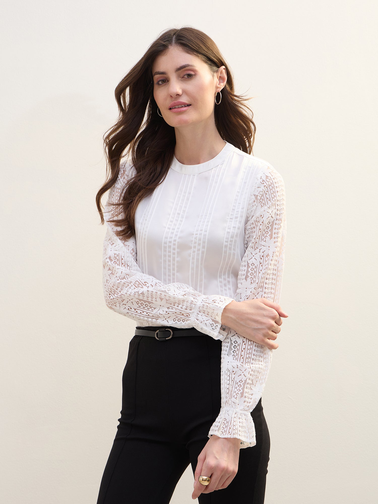 Iconic Women White Tucks & Lace Round Neck Top