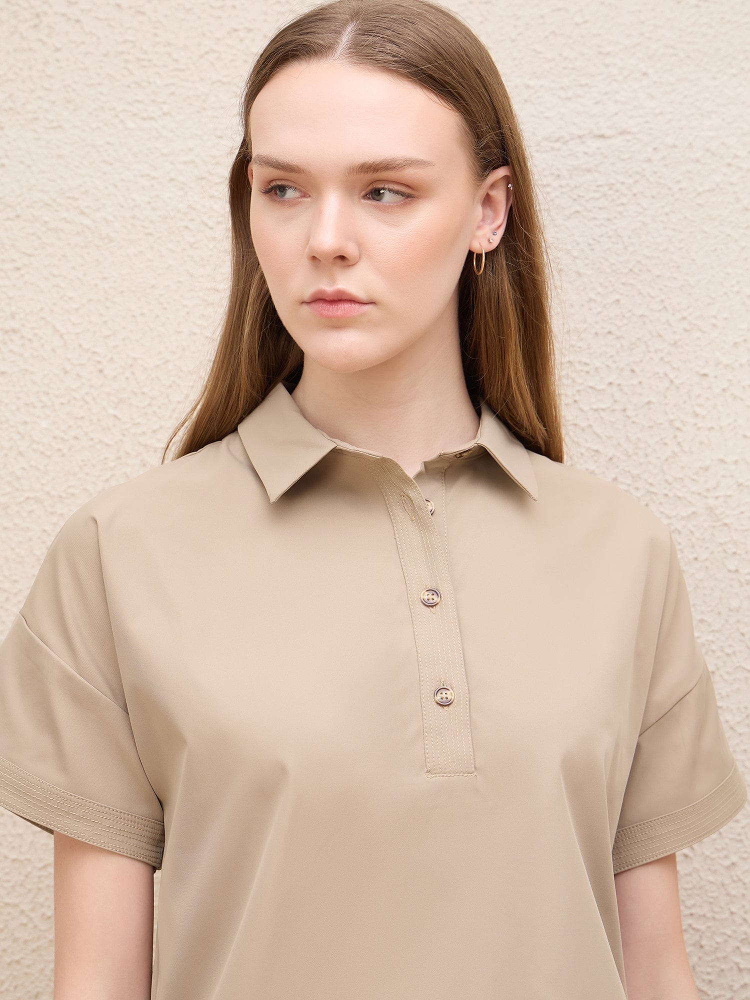 Iconic Women Beige Solid Collar Top