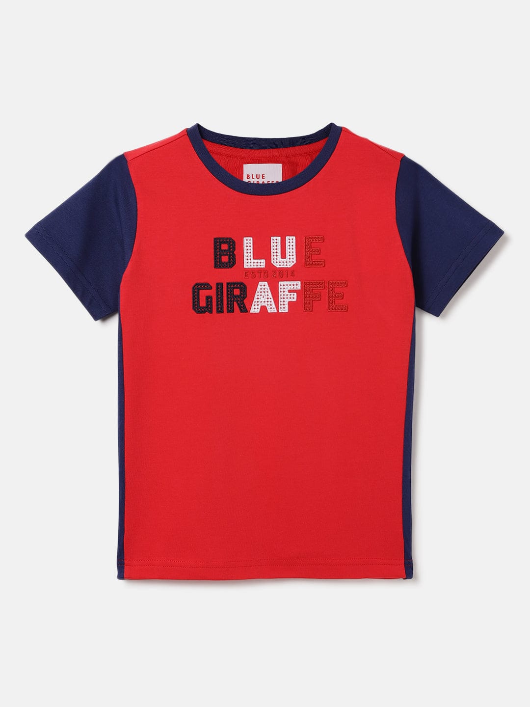 Blue Giraffe Kids Red Color Block Crew Neck Tshirt
