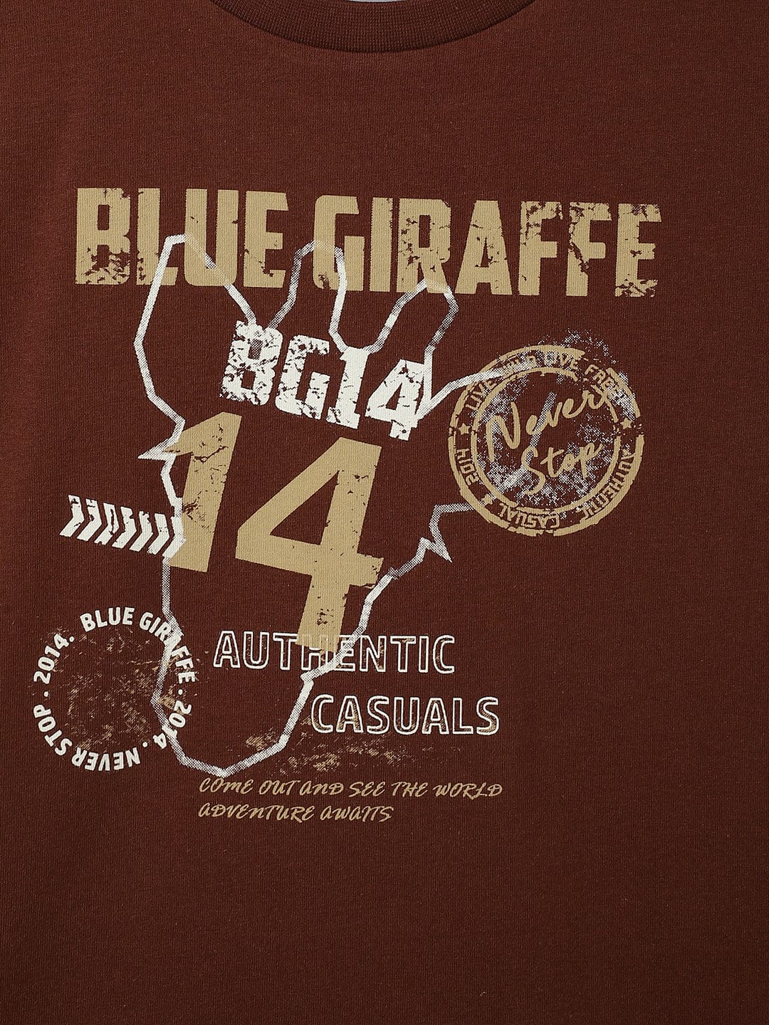 Blue Giraffe Boys Brown Solid Crew Neck Tshirt
