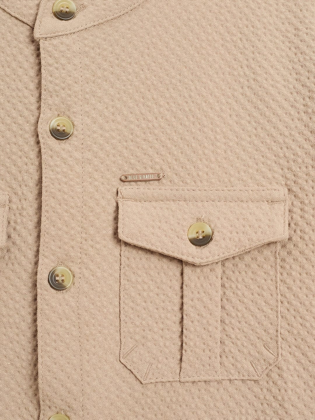 Blue Giraffe Boys Beige Solid Band Collar Shirt