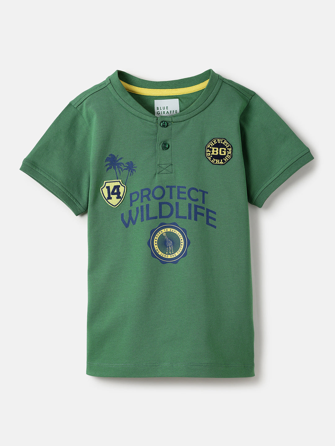 Blue Giraffe Boys Green Solid Henley Collar TShirt