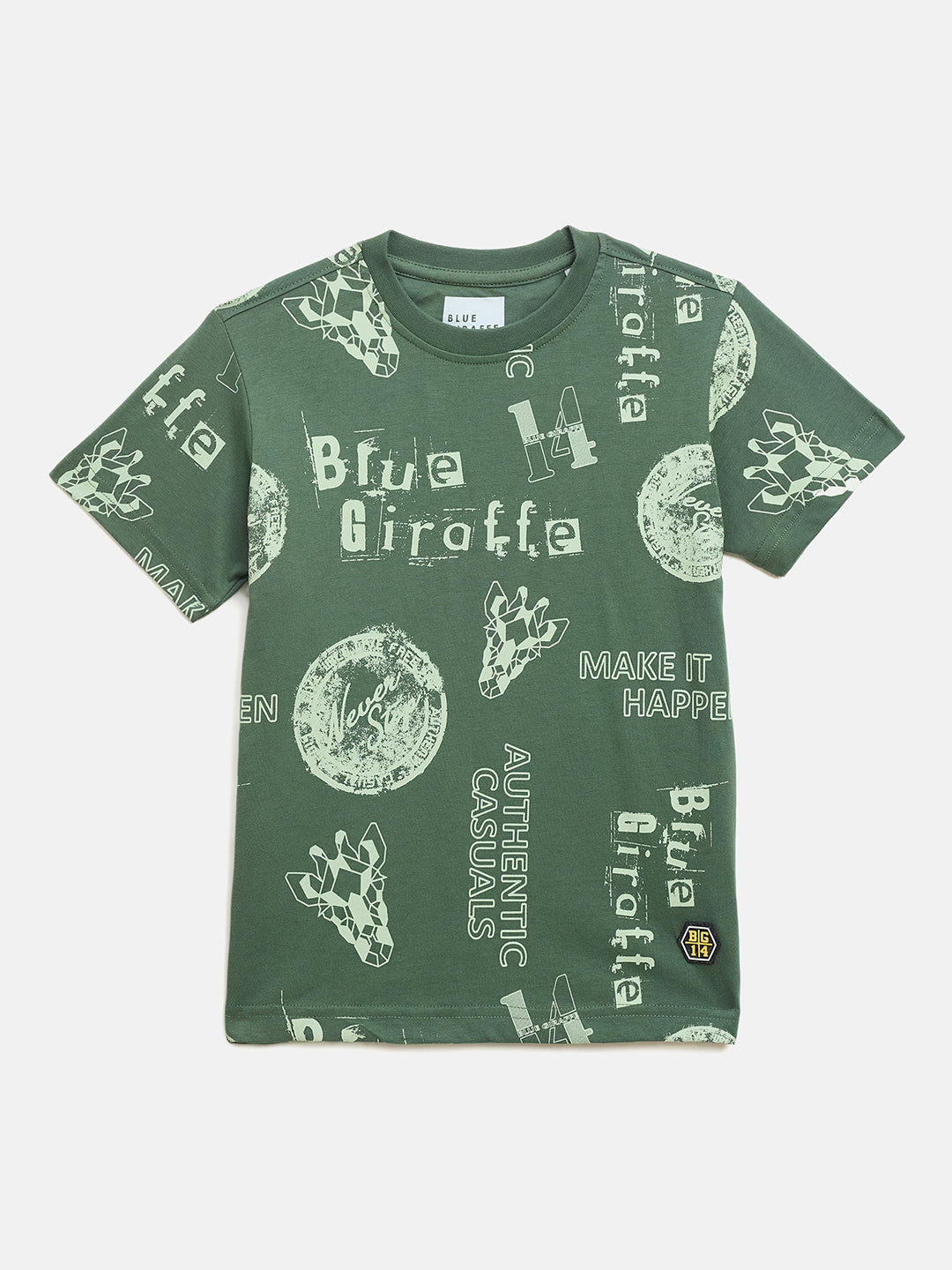 Blue Giraffe Boys Green Printed Crew Neck TShirt