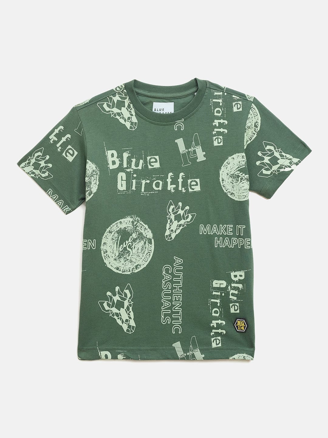 Blue Giraffe Boys Green Printed Crew Neck TShirt