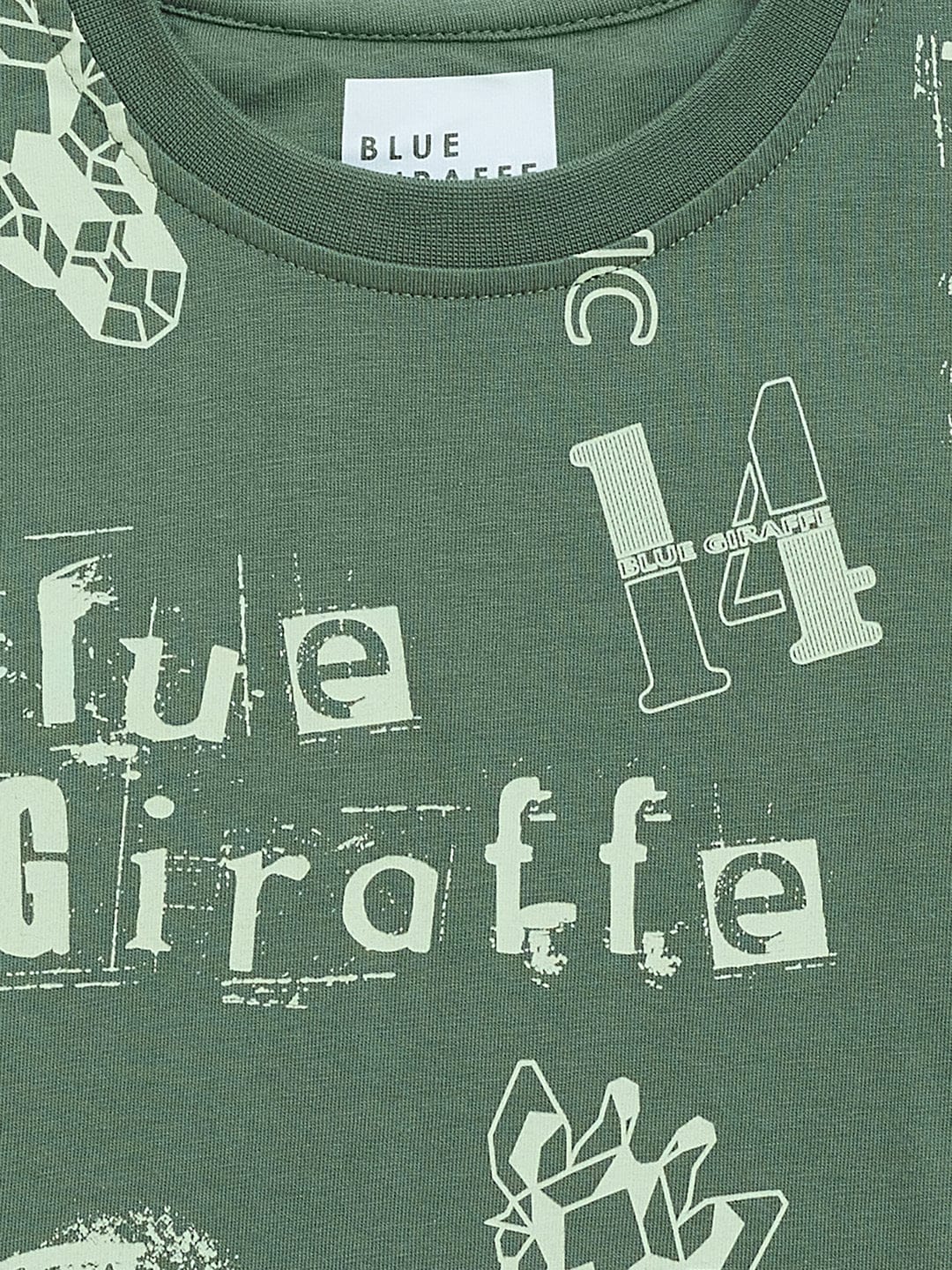 Blue Giraffe Boys Green Printed Crew Neck TShirt