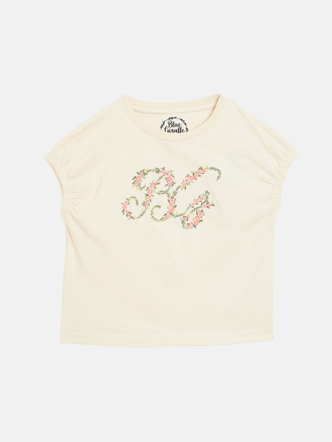 Blue Giraffe Girls Cream Solid Round Neck Tshirt