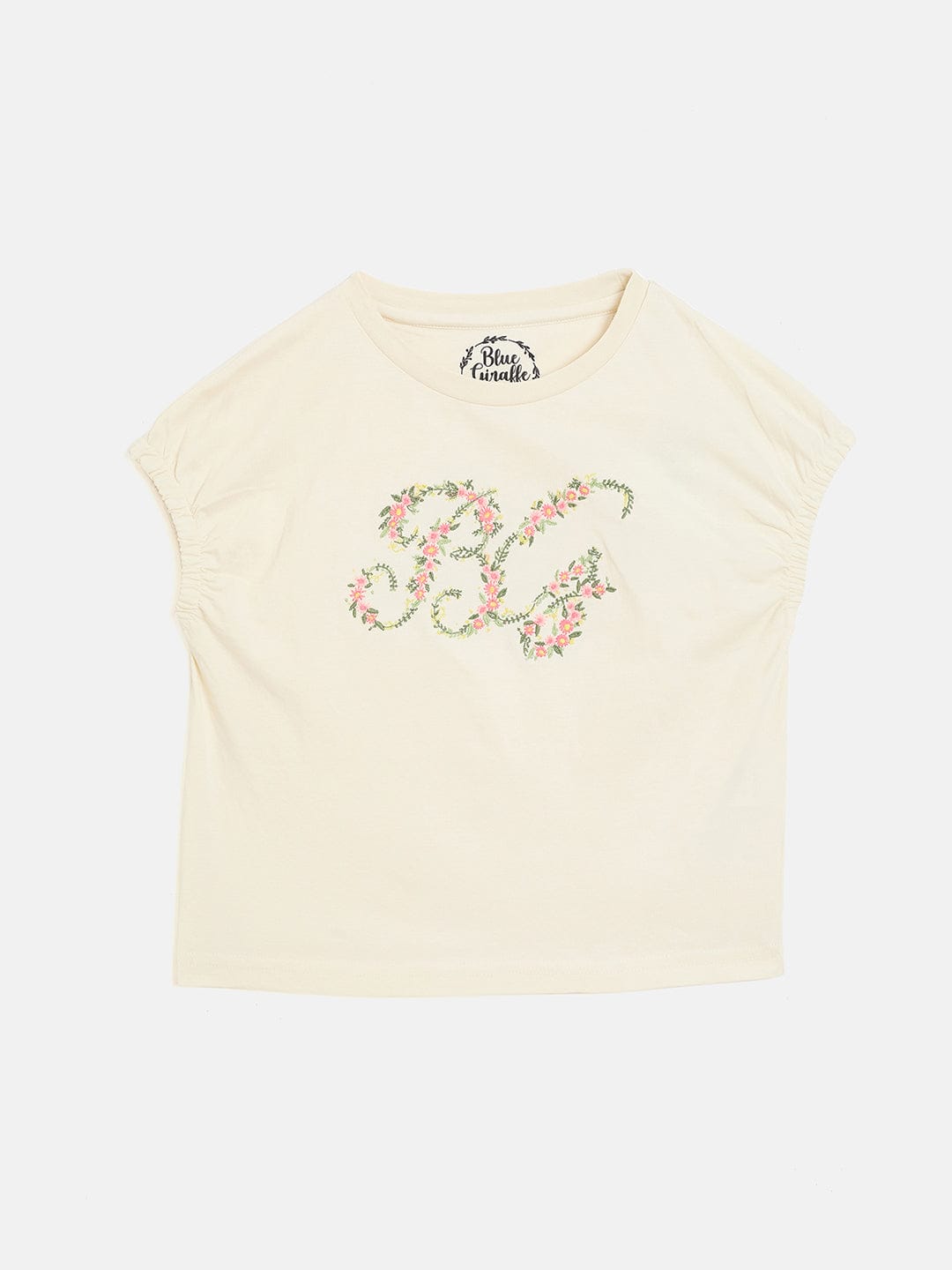 Blue Giraffe Girls Cream Solid Round Neck Tshirt