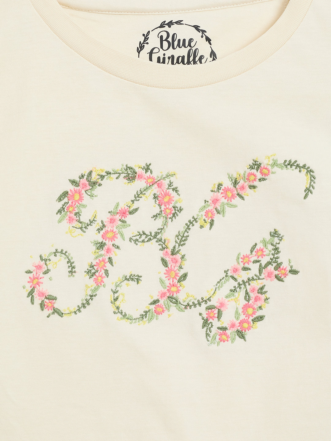 Blue Giraffe Girls Cream Solid Round Neck Tshirt