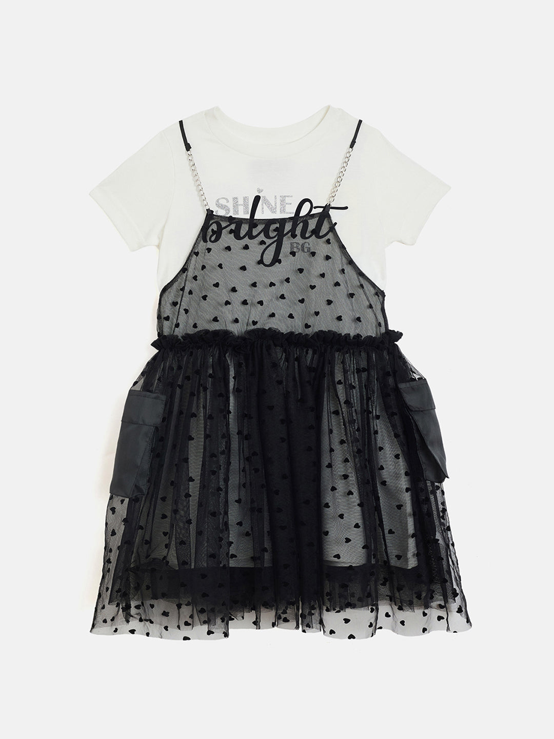 Blue Giraffe Girls White All Over Flock Print Round Neck Dress