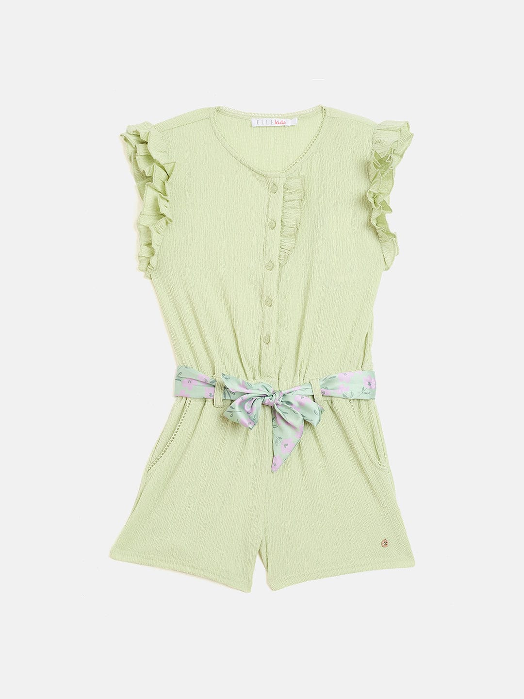 Elle Kids Green Solid Round Neck Playsuit