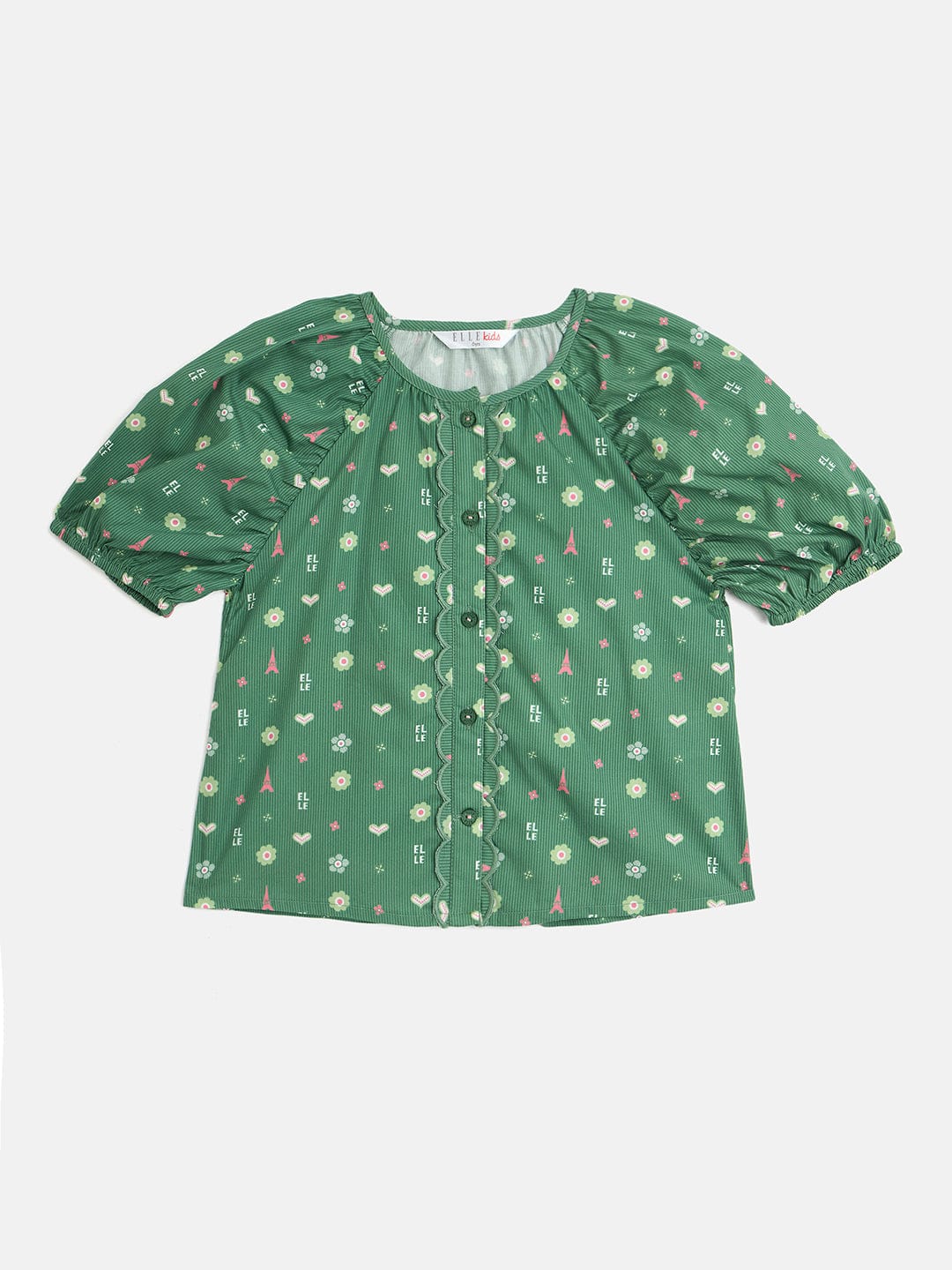 Elle Kids Green Printed Round Neck Top