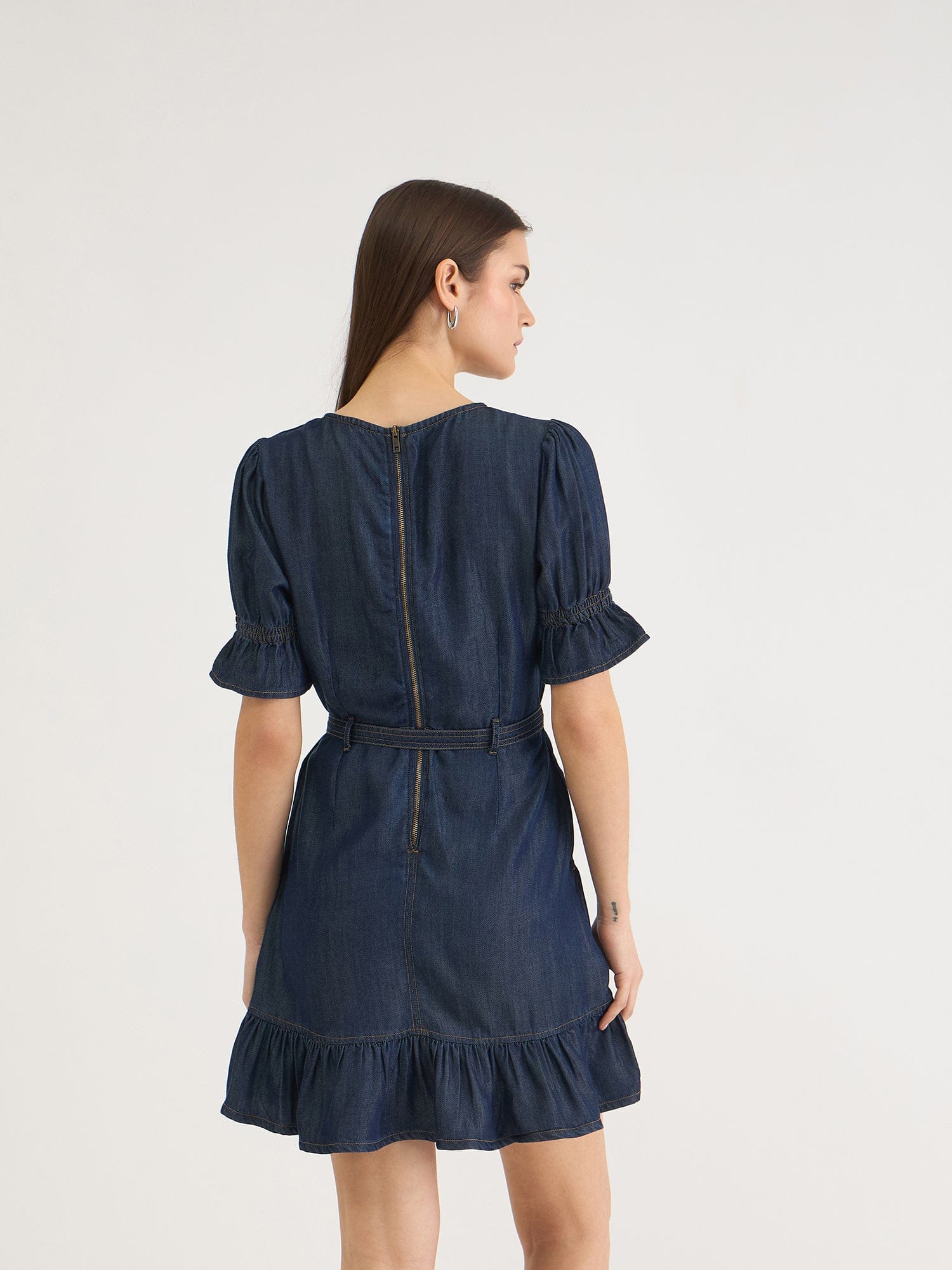 Elle Women Blue Denim Sweetheart Neck Dress