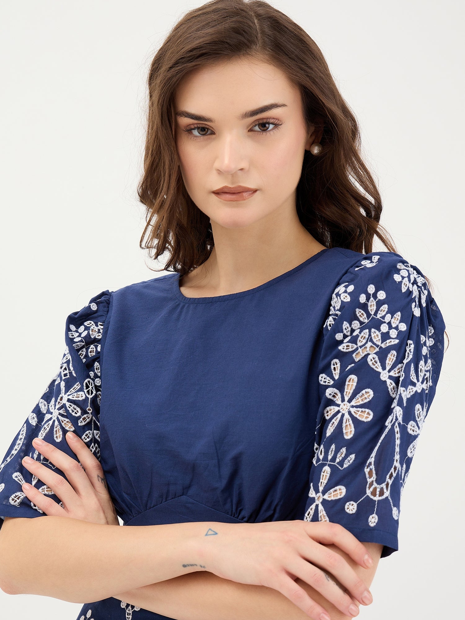 Elle Women Blue Schiffli Round Neck Dress