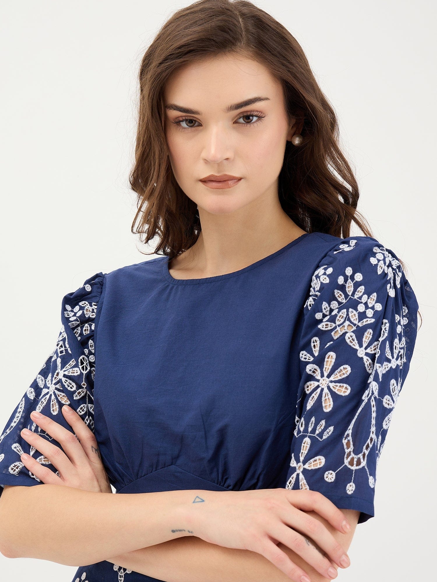 Elle Women Blue Schiffli Round Neck Dress