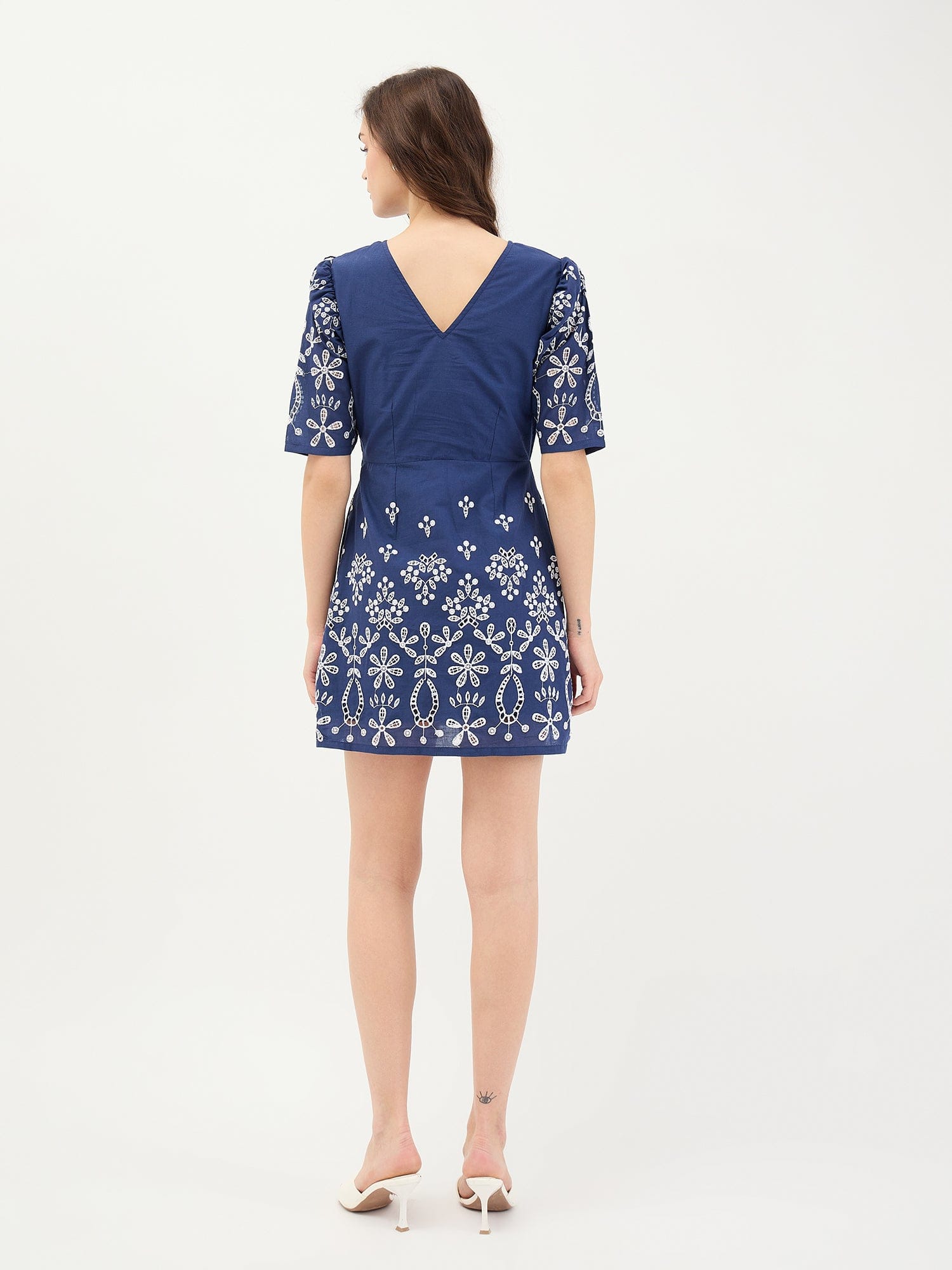 Elle Women Blue Schiffli Round Neck Dress