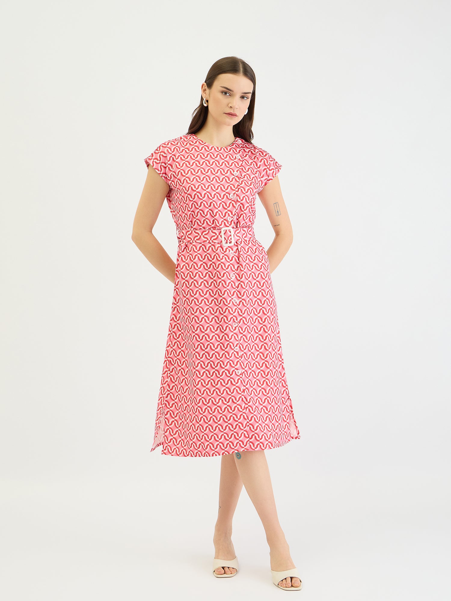 Elle Women Pink Printed Round Neck Dress