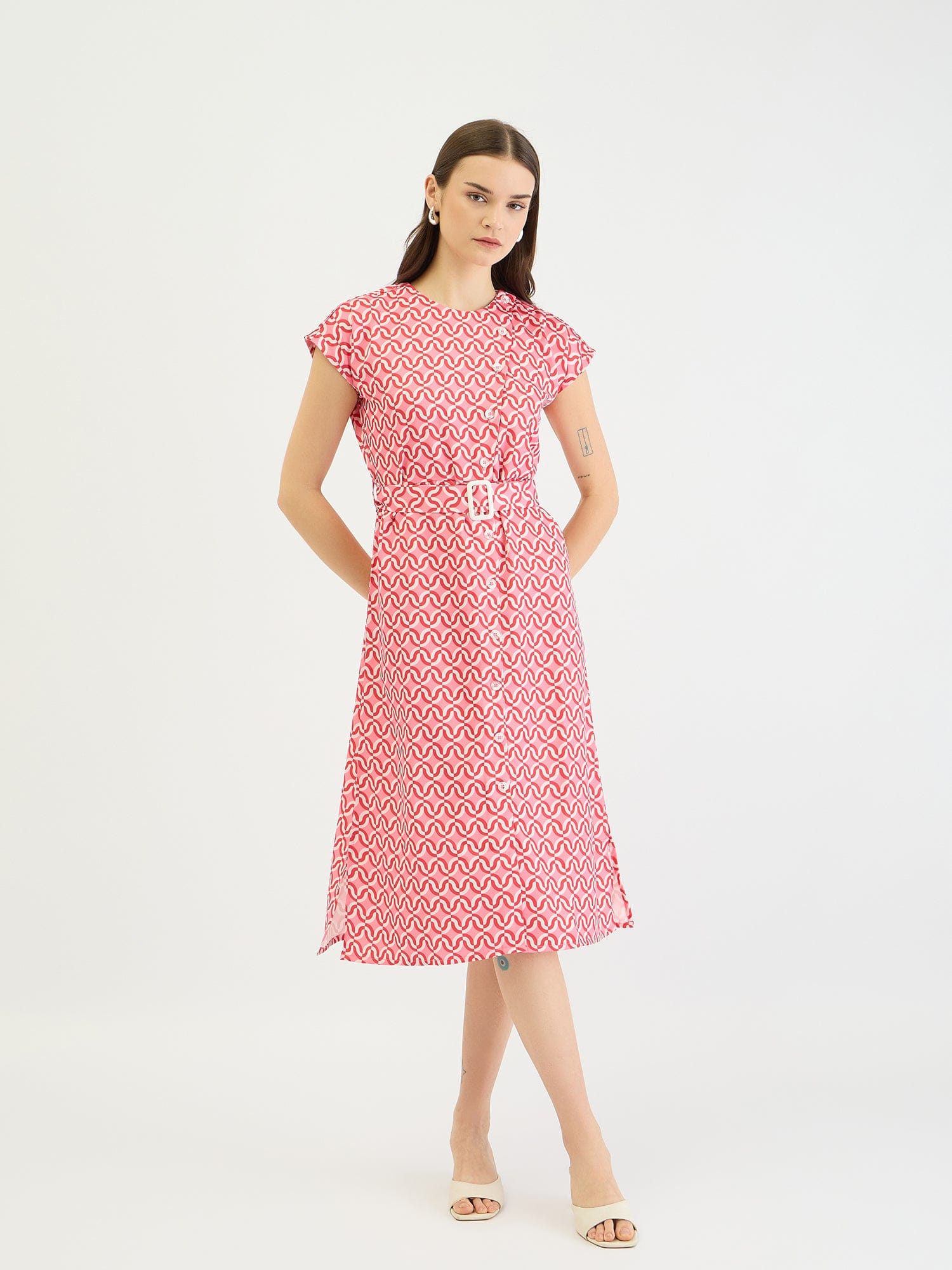 Elle Women Pink Printed Round Neck Dress