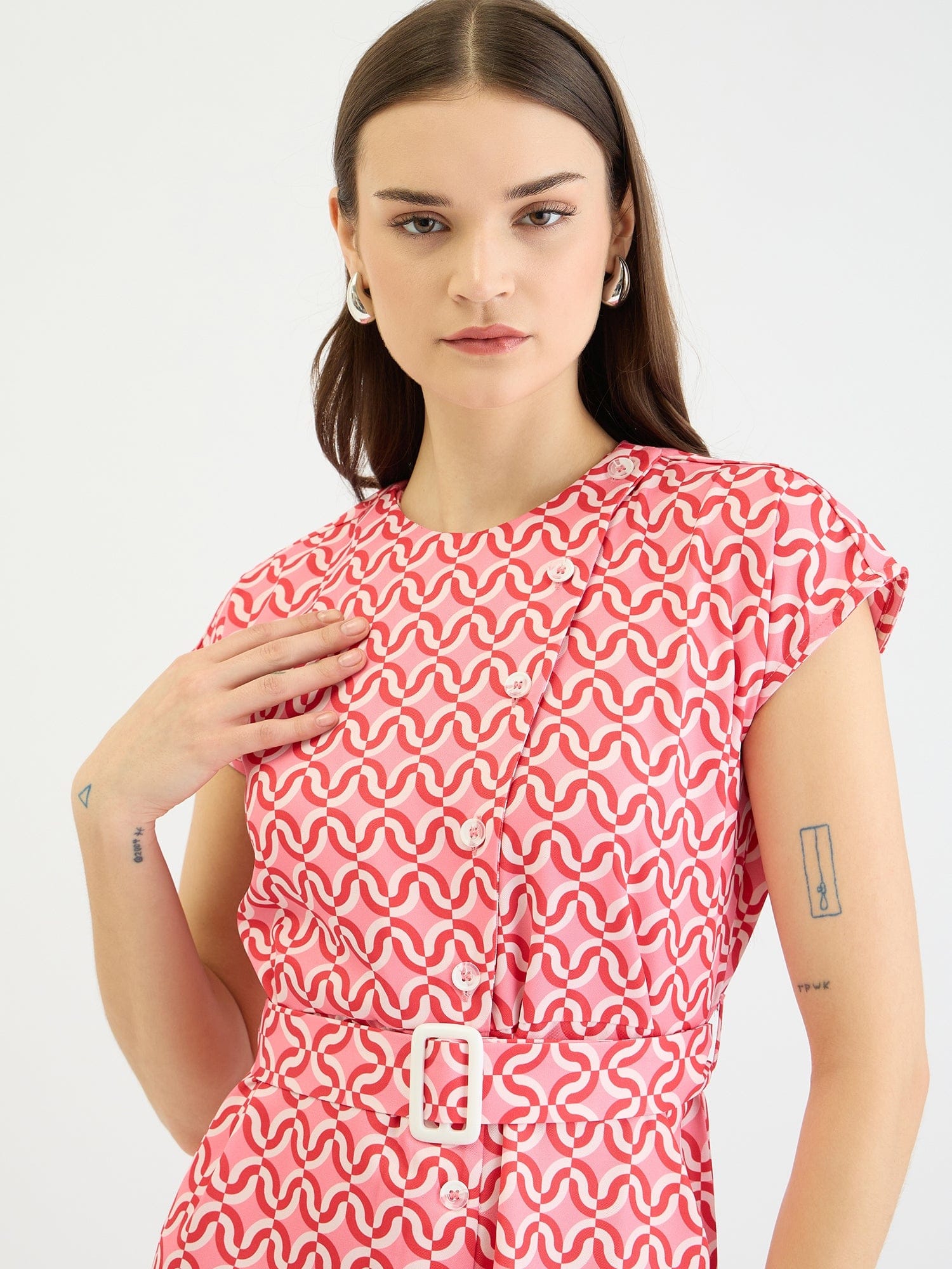 Elle Women Pink Printed Round Neck Dress