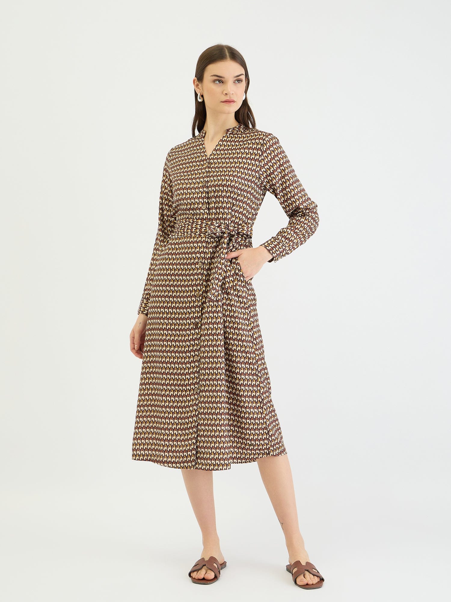 Elle Women Brown Printed Band Collar Dress