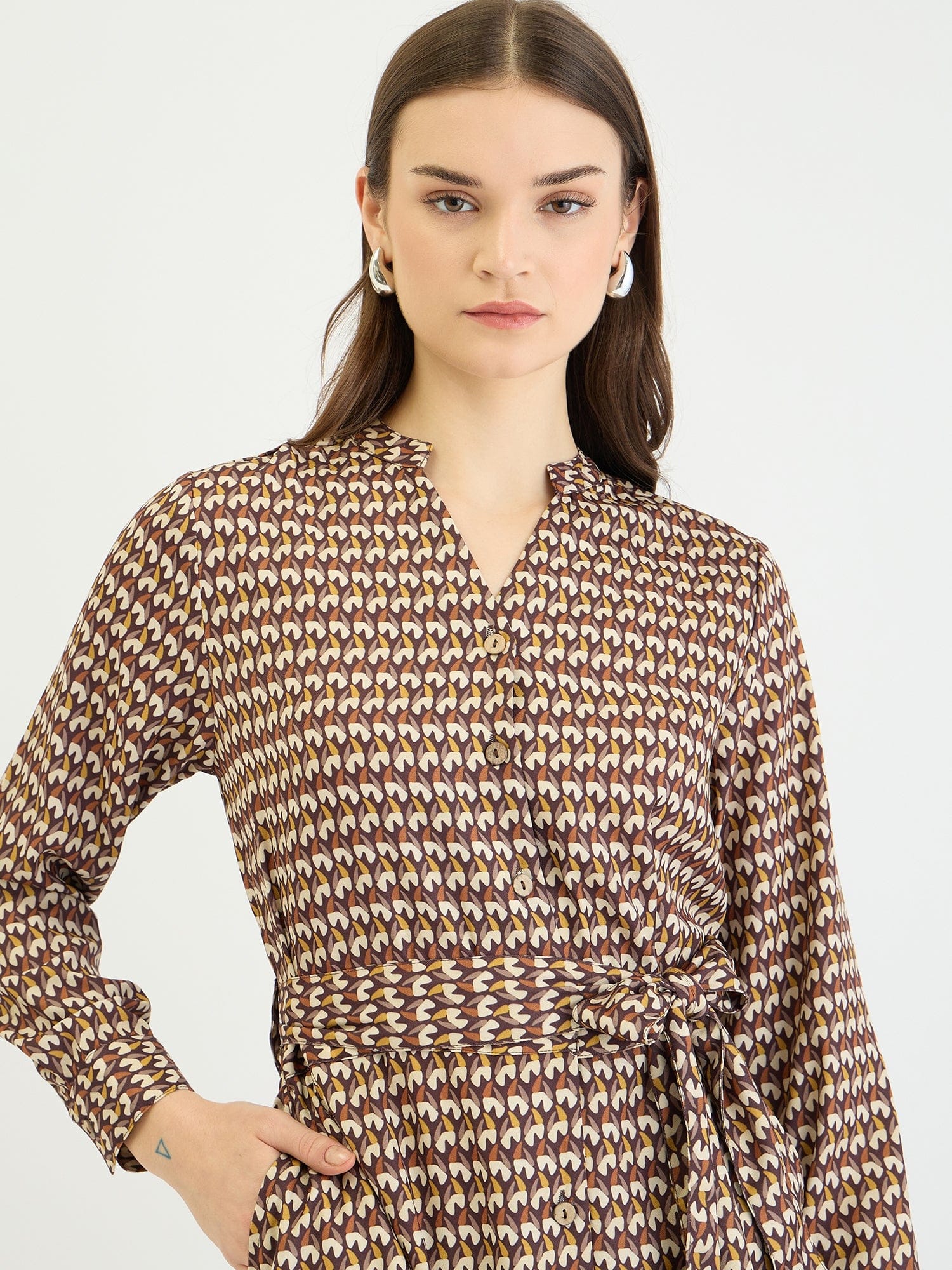 Elle Women Brown Printed Band Collar Dress