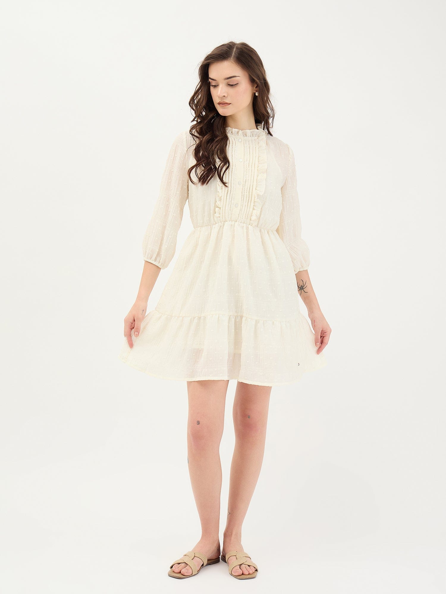 Elle Women White Textured Round Neck Dress