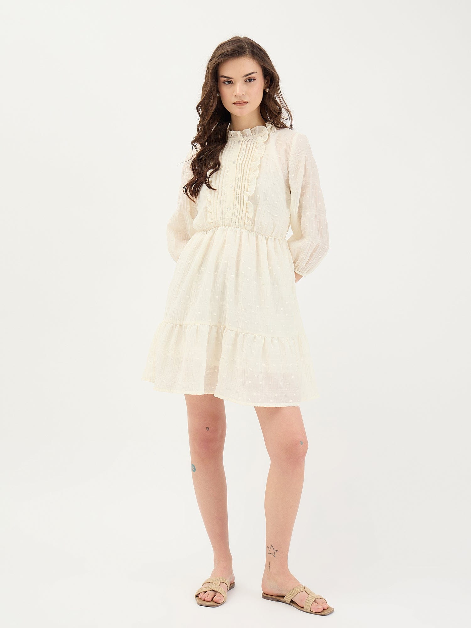 Elle Women White Textured Round Neck Dress