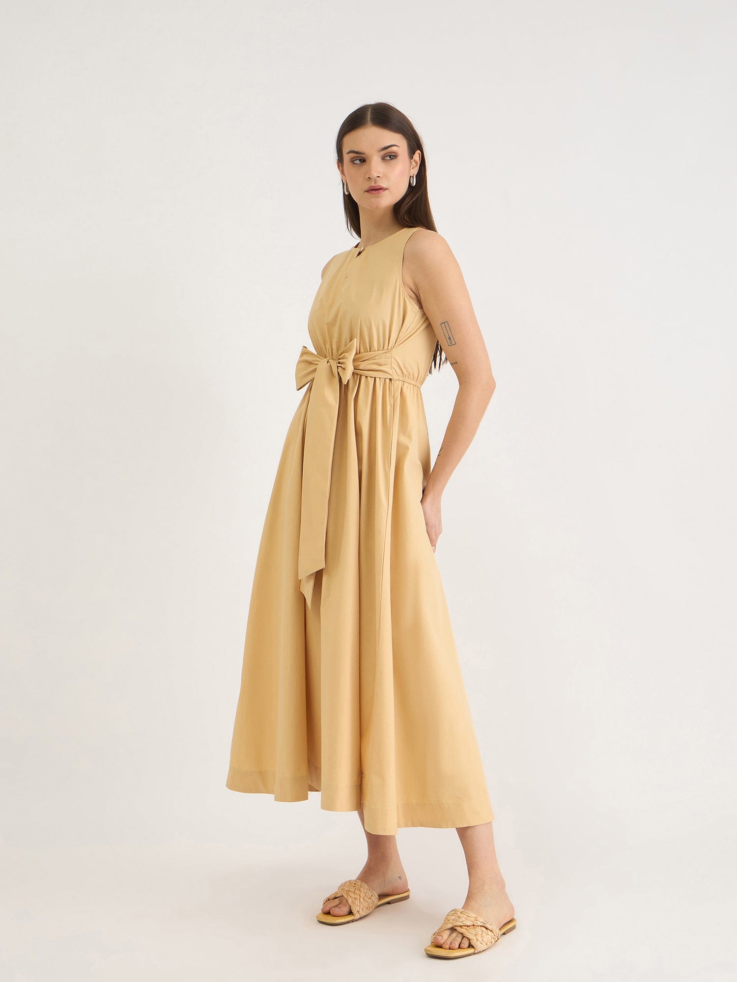 Elle Women Beige Solid Round Neck Dress