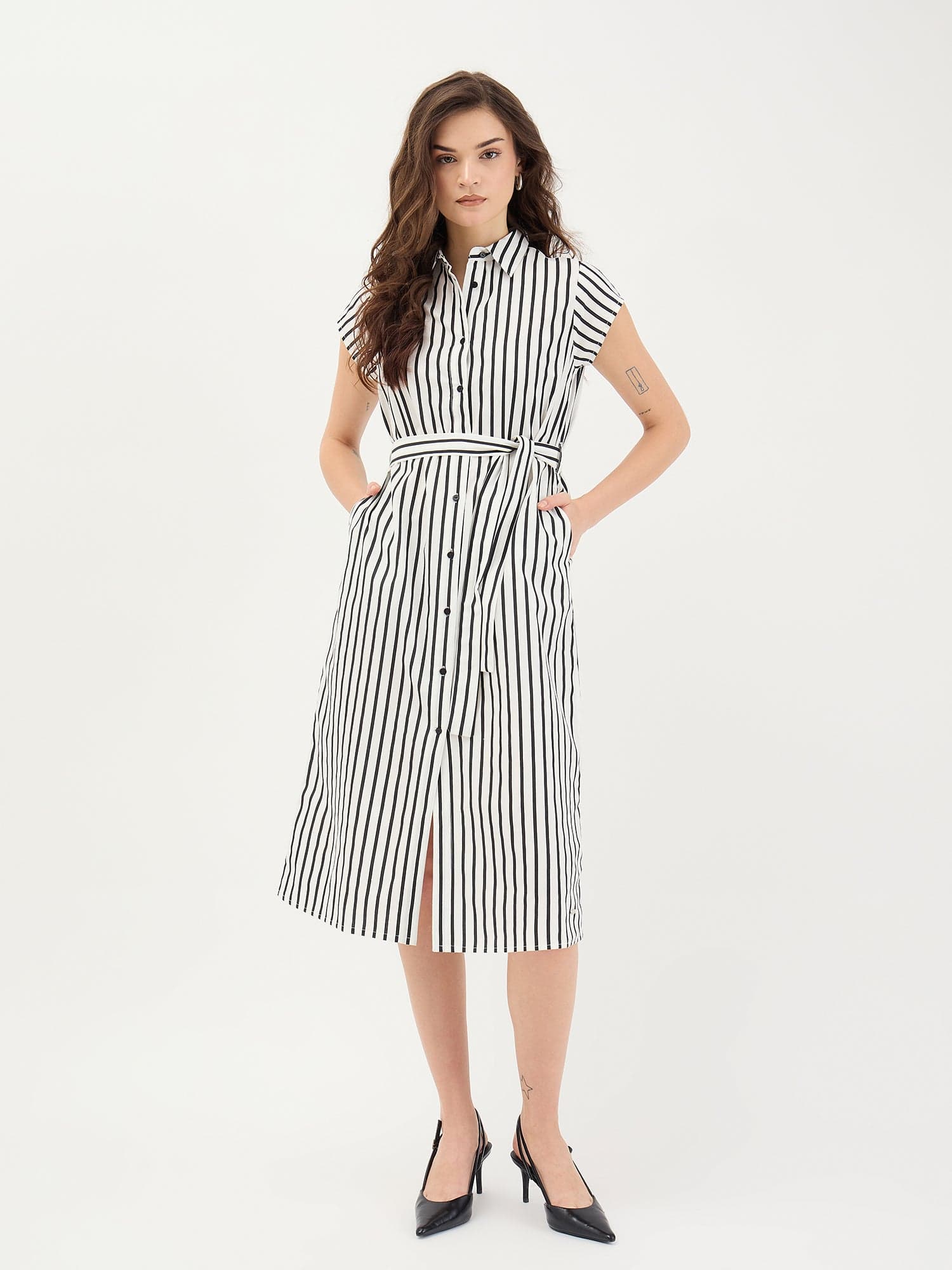 Elle Women Black Striped Collar Dress