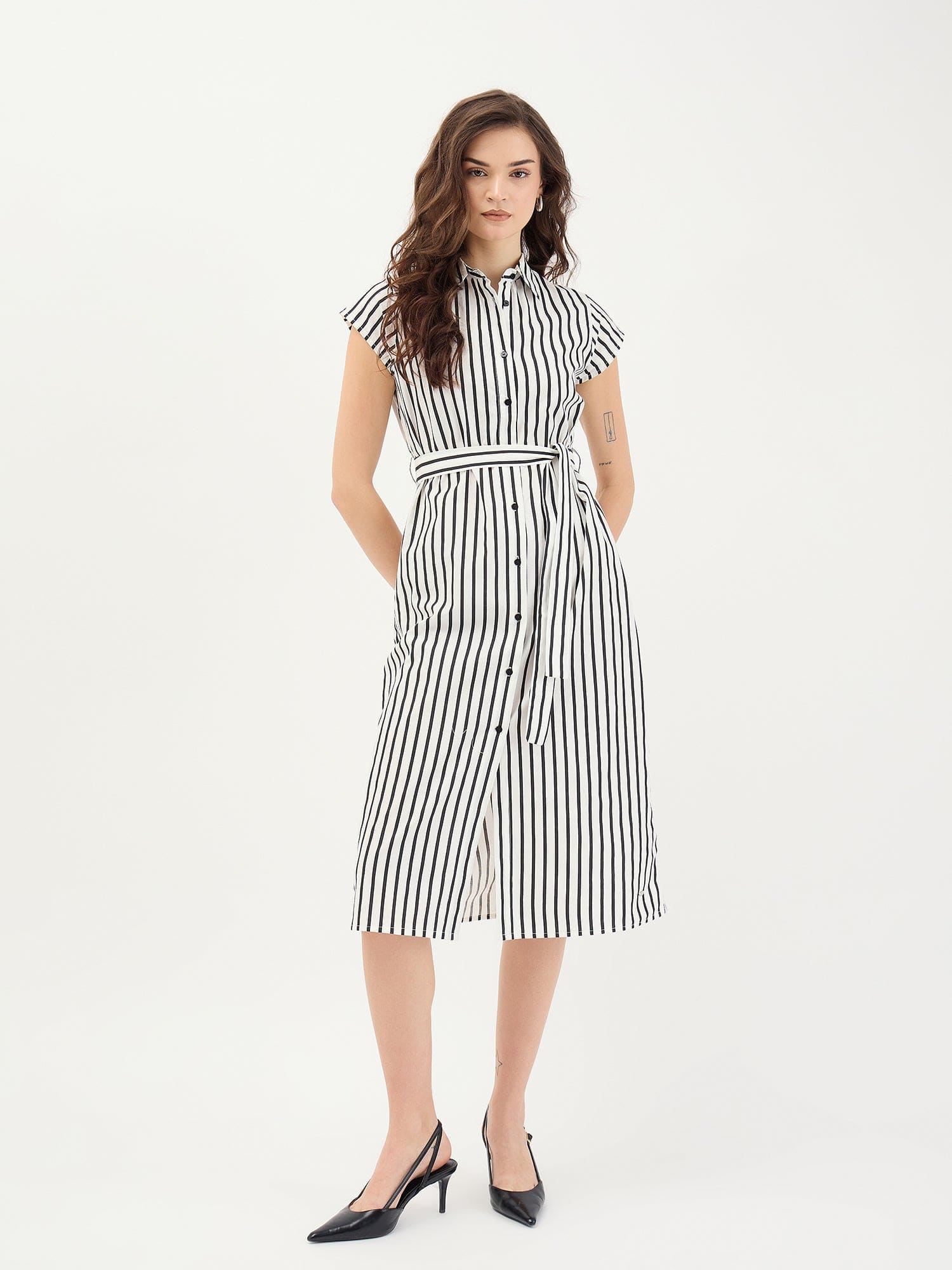 Elle Women Black Striped Collar Dress