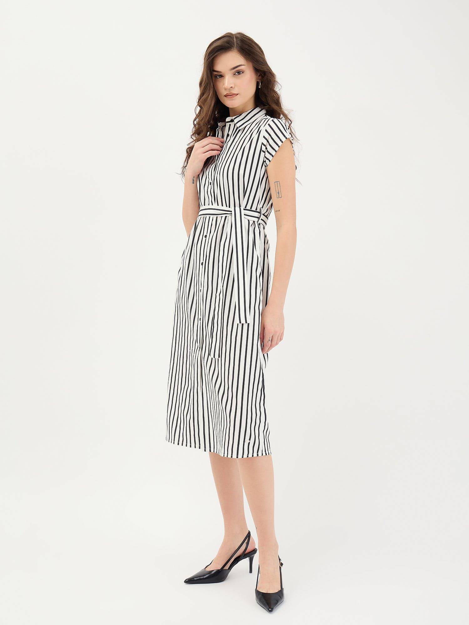 Elle Women Black Striped Collar Dress