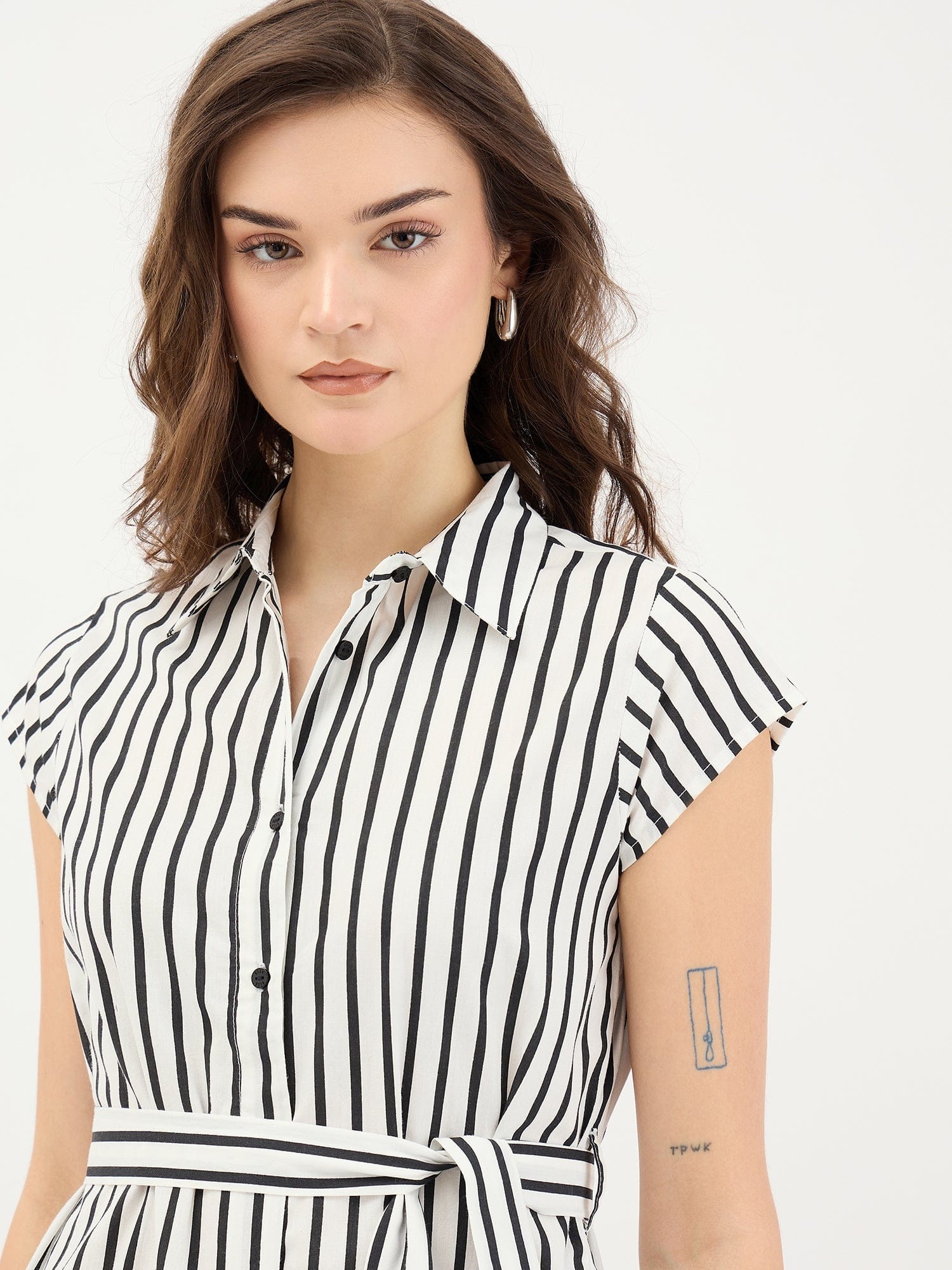 Elle Women Black Striped Collar Dress