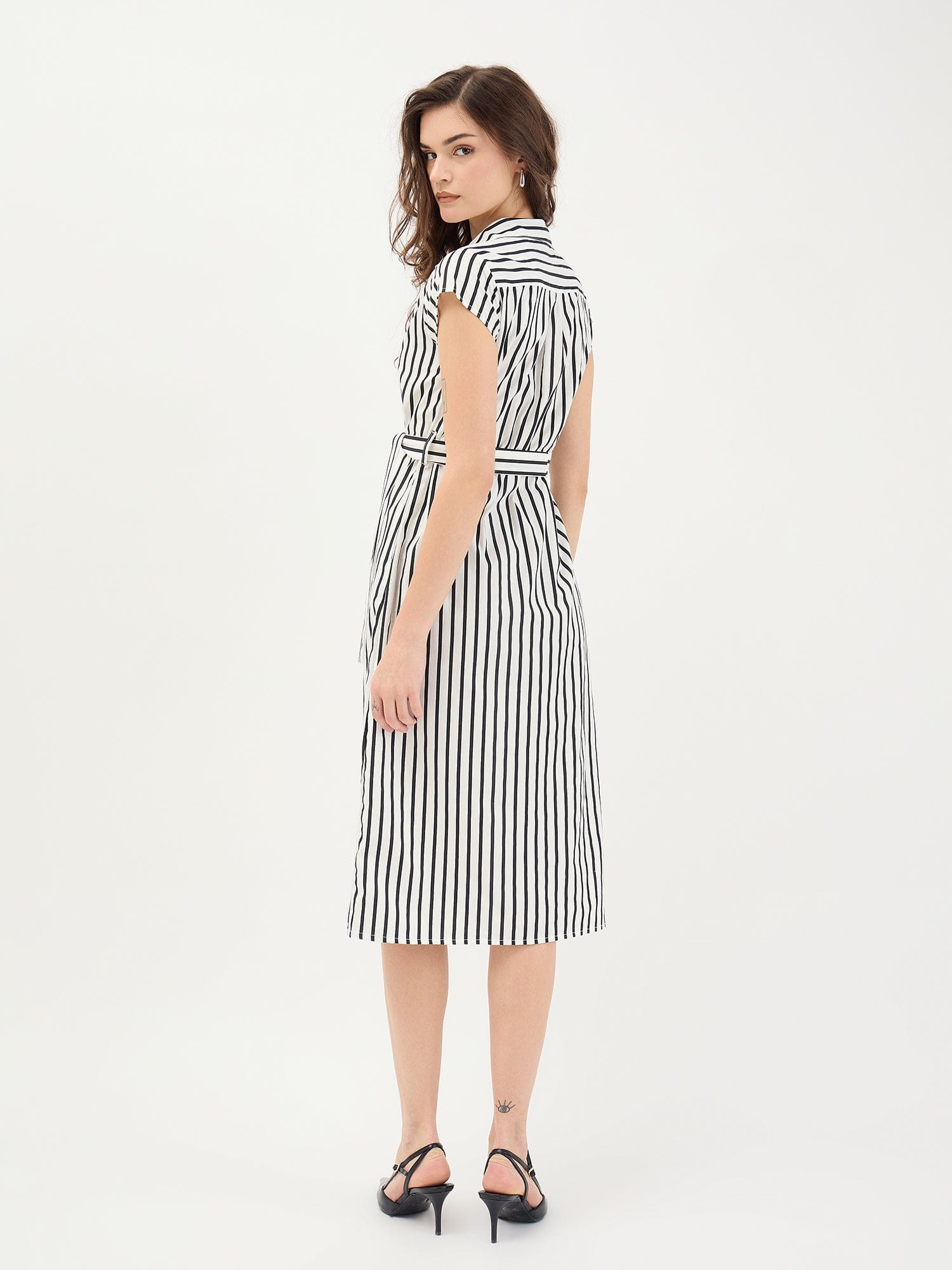 Elle Women Black Striped Collar Dress