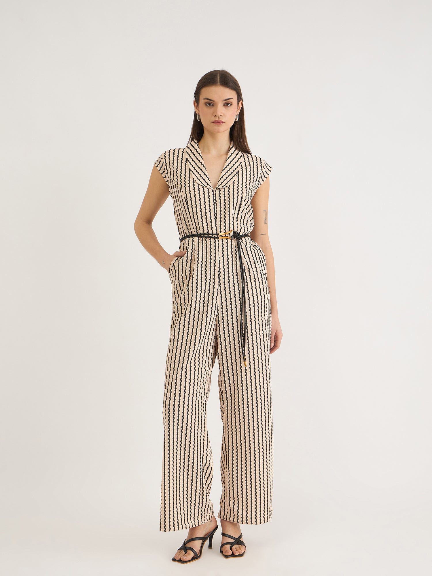 Elle Women Beige Striped V Neck Jumpsuit