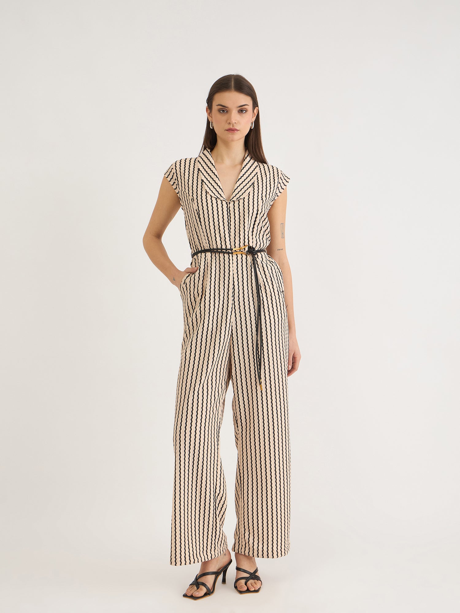 Elle Women Beige Striped V Neck Jumpsuit