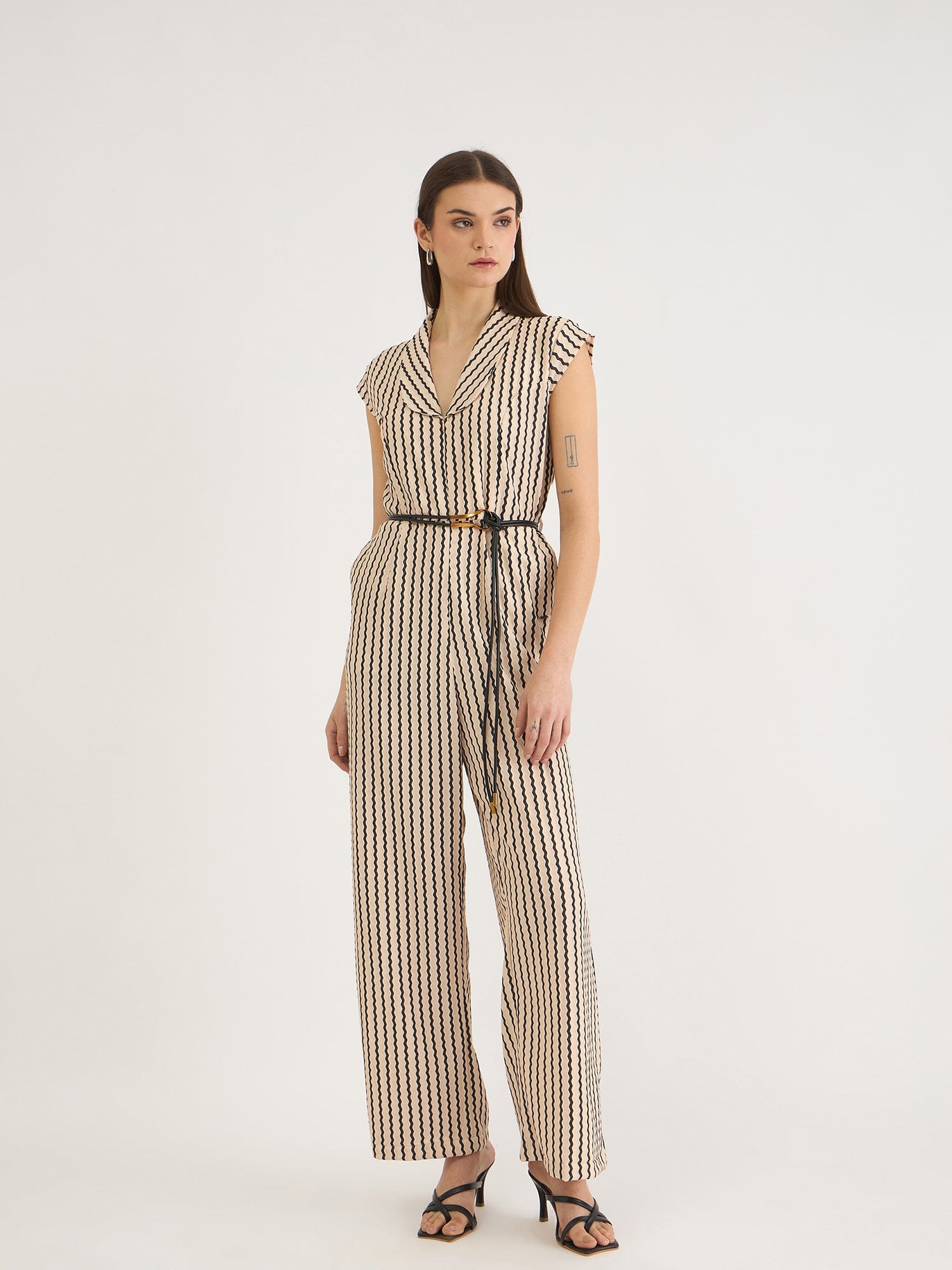 Elle Women Beige Striped V Neck Jumpsuit
