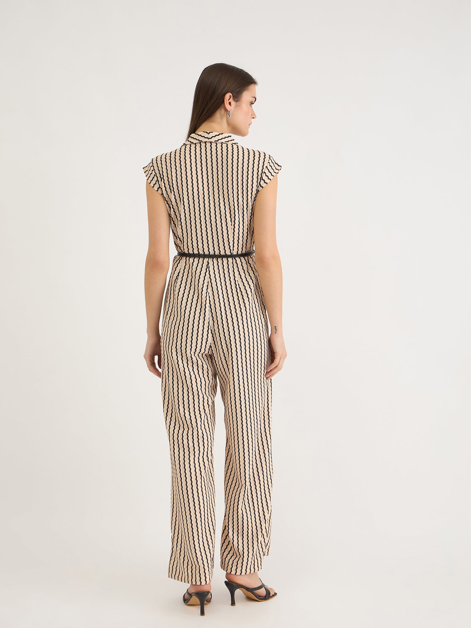 Elle Women Beige Striped V Neck Jumpsuit