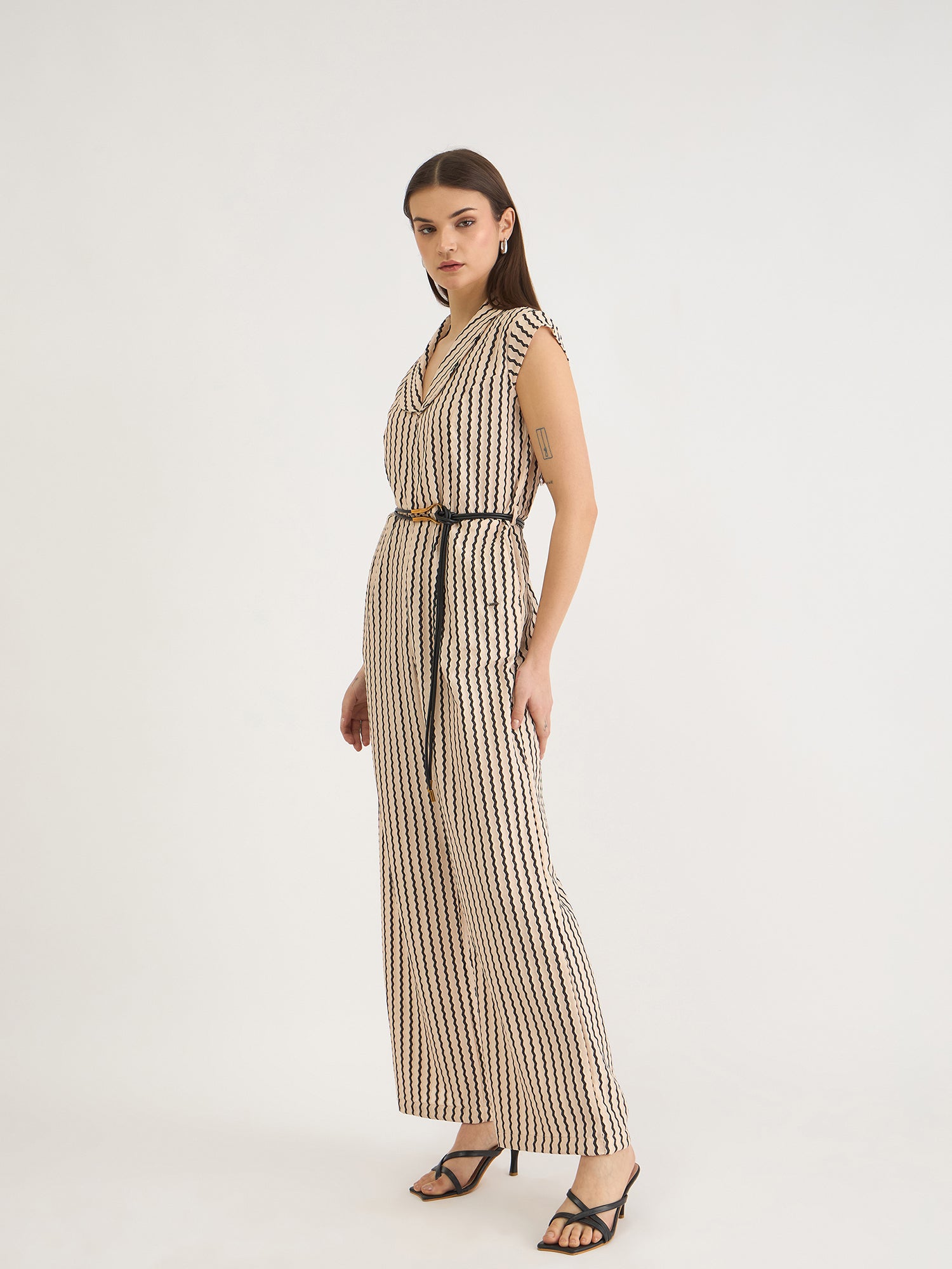 Elle Women Beige Striped V Neck Jumpsuit