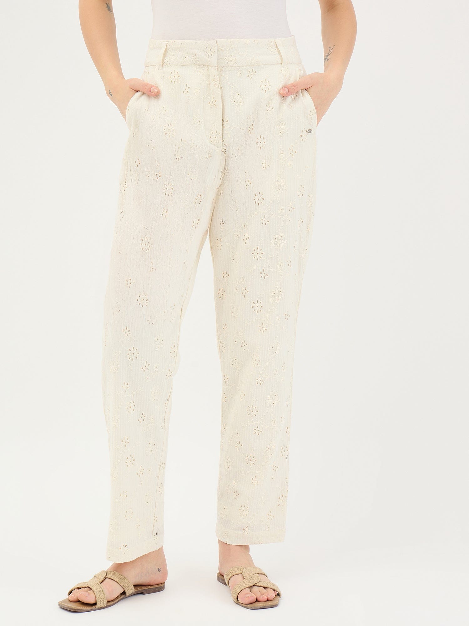 Elle Women White Straight Fit Schiffli Trouser